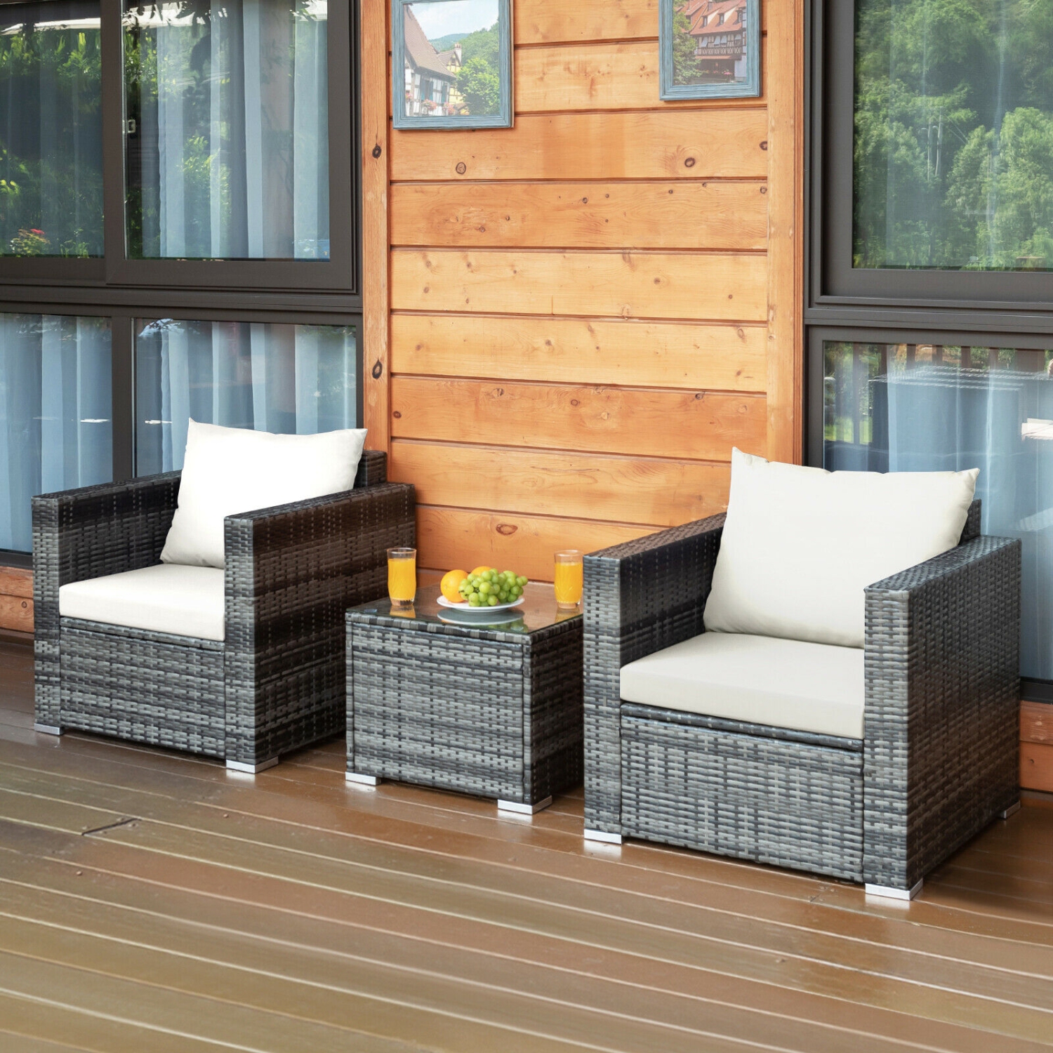3-Piece Patio Rattan Bistro Sofa Set with Cushions - Outdoor Furniture