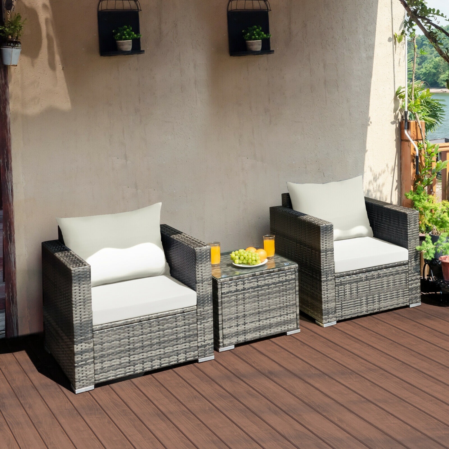 3-Piece Patio Rattan Bistro Sofa Set with Cushions - Outdoor Furniture