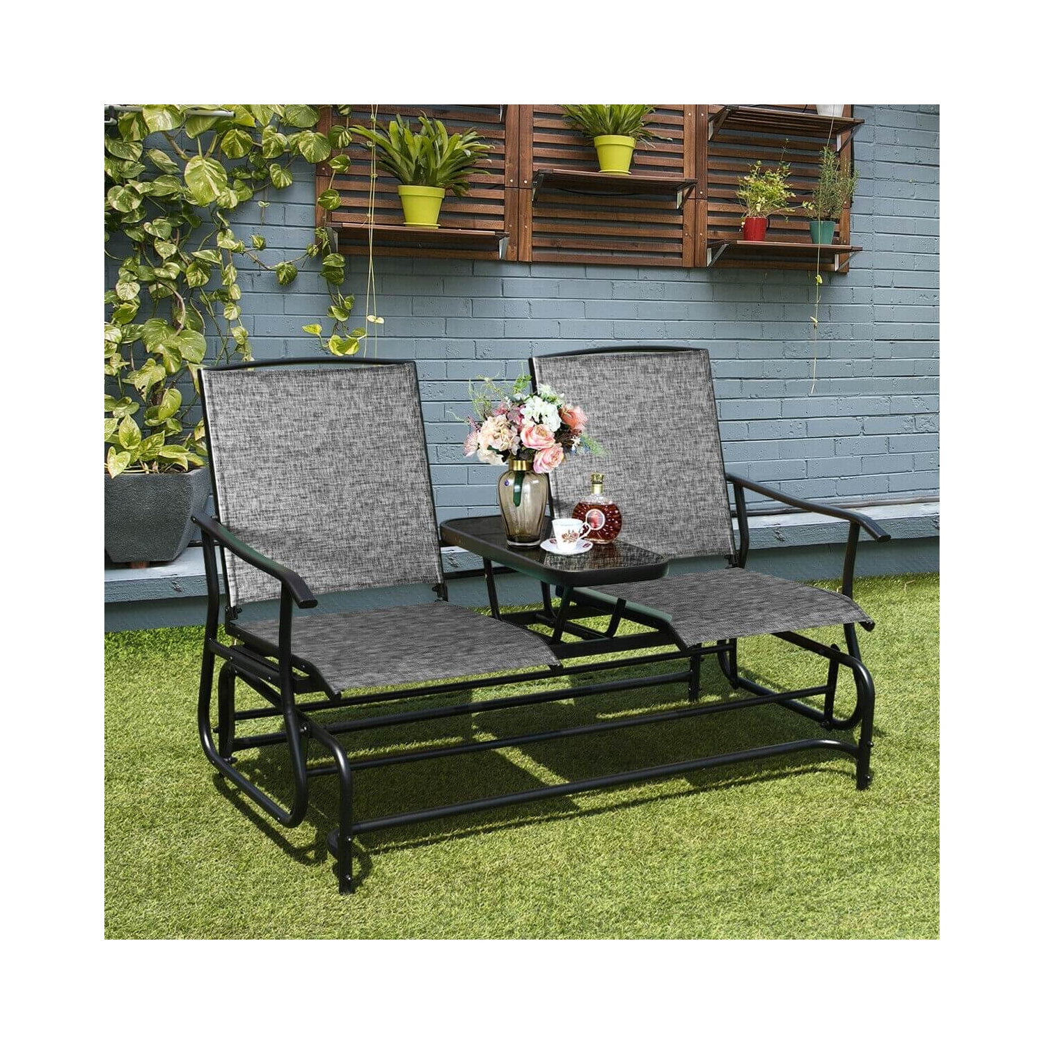Causeuse berçante double de patio avec filet perméable à l'air et table en verre