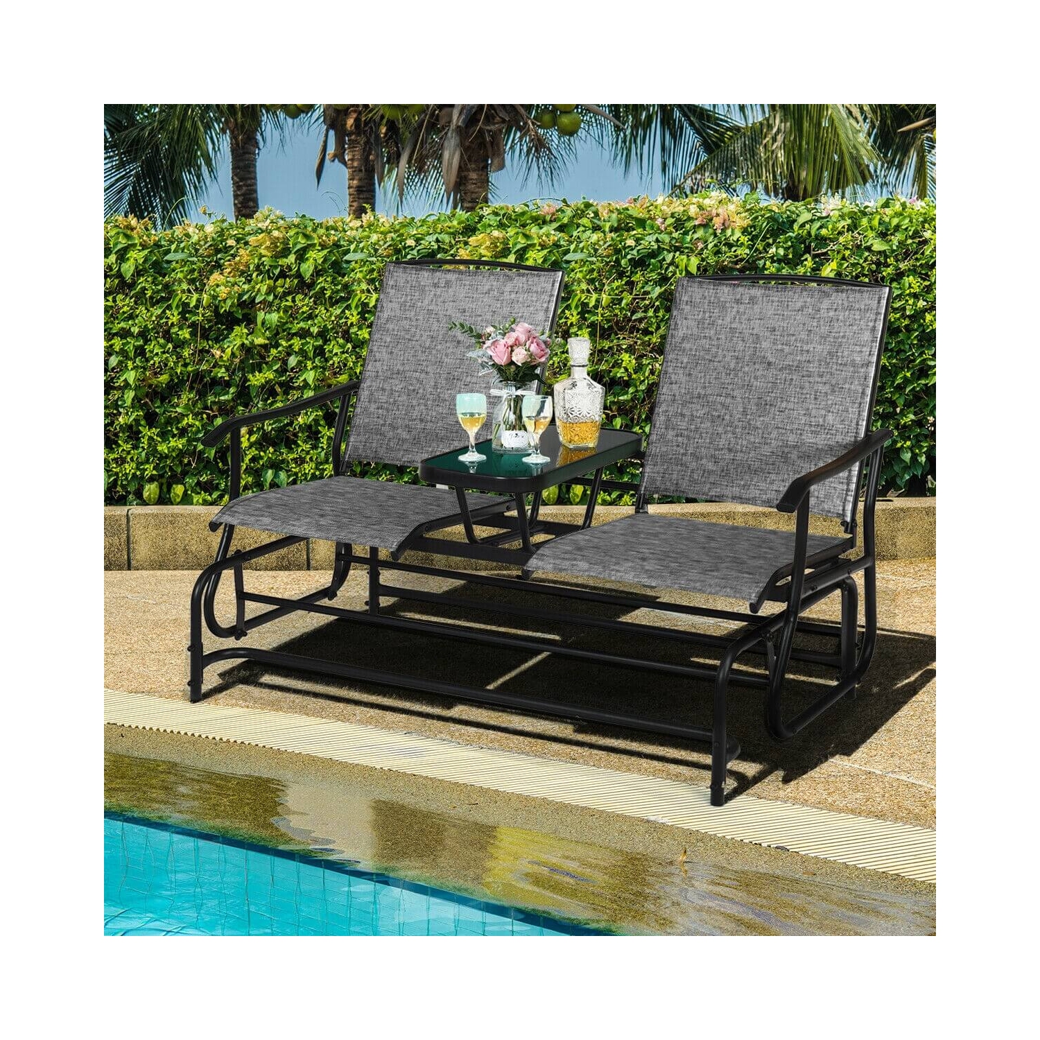 Causeuse berçante double de patio avec filet perméable à l'air et table en verre