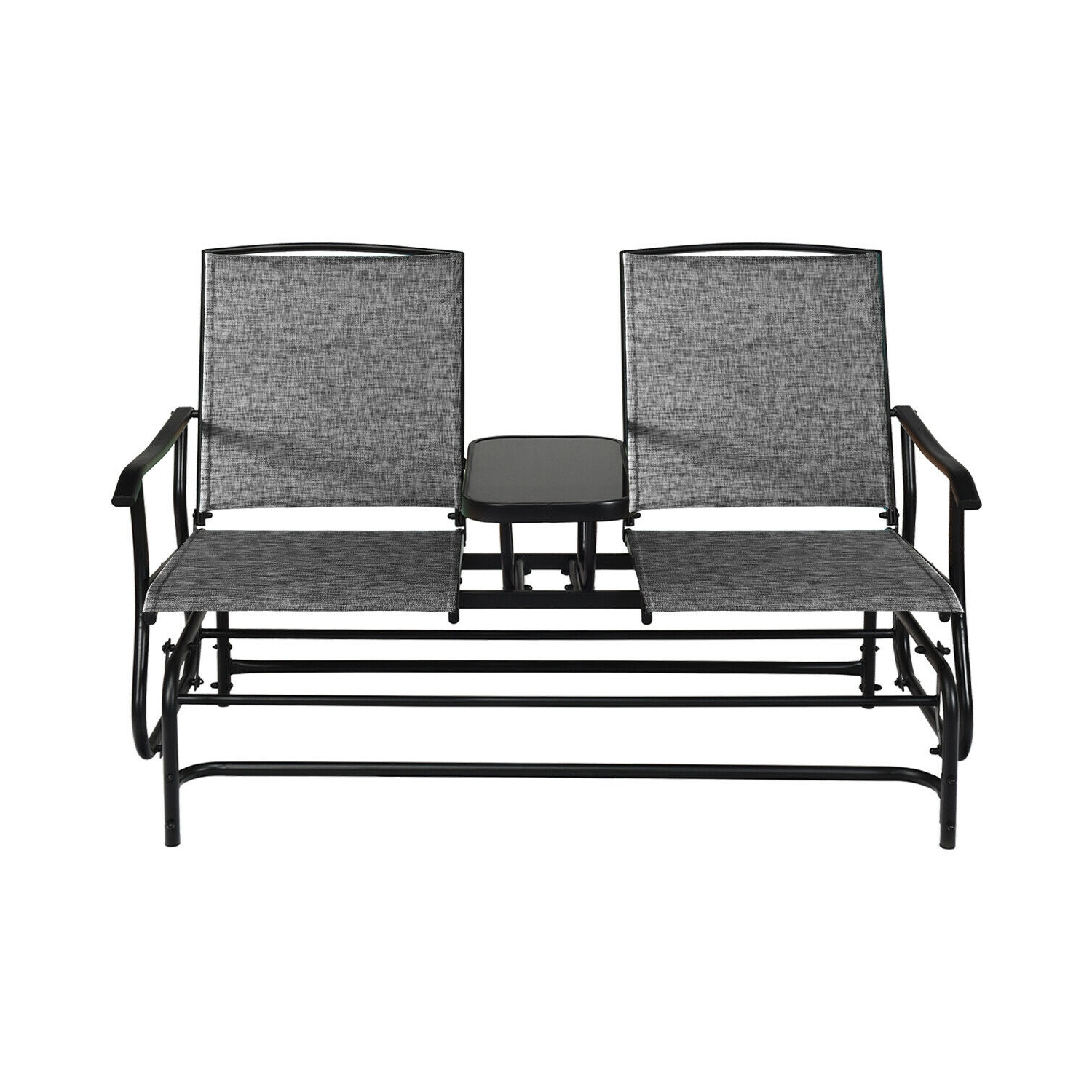 Causeuse berçante double de patio avec filet perméable à l'air et table en verre