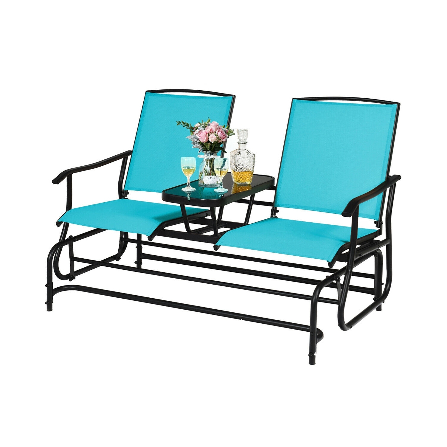 Causeuse berçante double de patio avec filet perméable à l'air et table en verre