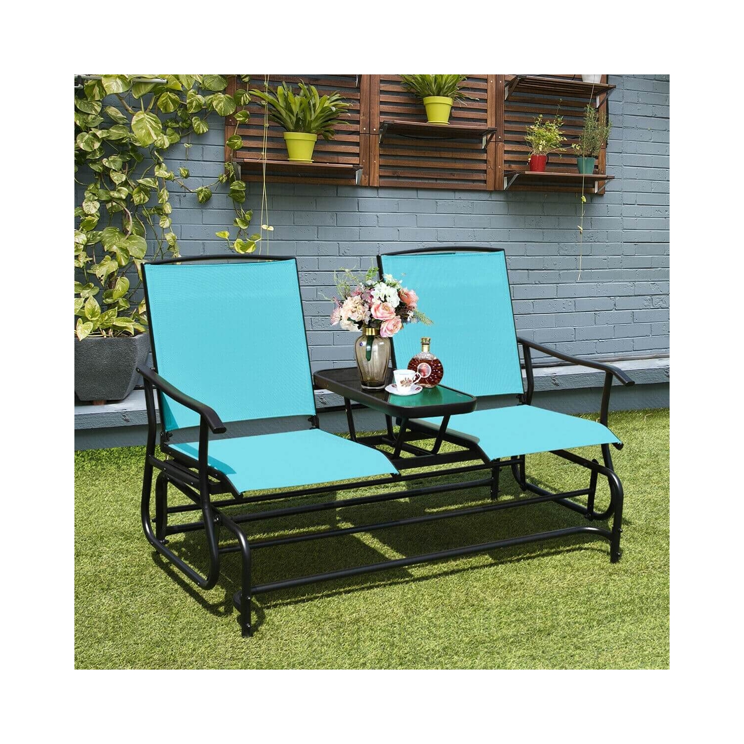 Causeuse berçante double de patio avec filet perméable à l'air et table en verre