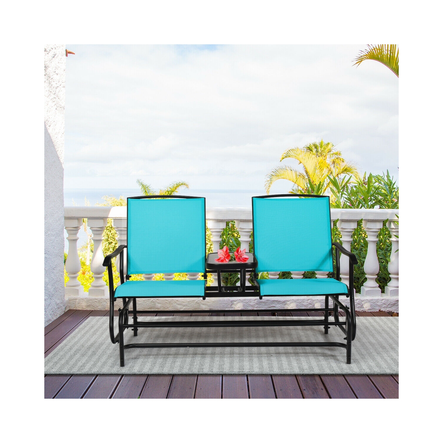 Causeuse berçante double de patio avec filet perméable à l'air et table en verre