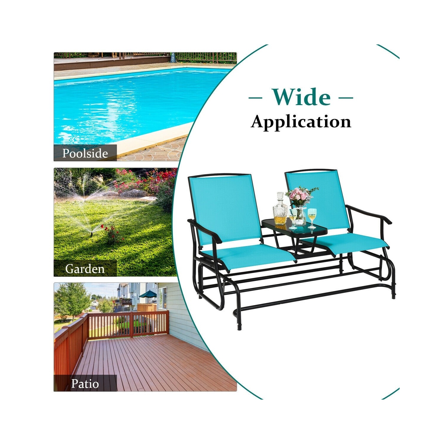 Causeuse berçante double de patio avec filet perméable à l'air et table en verre