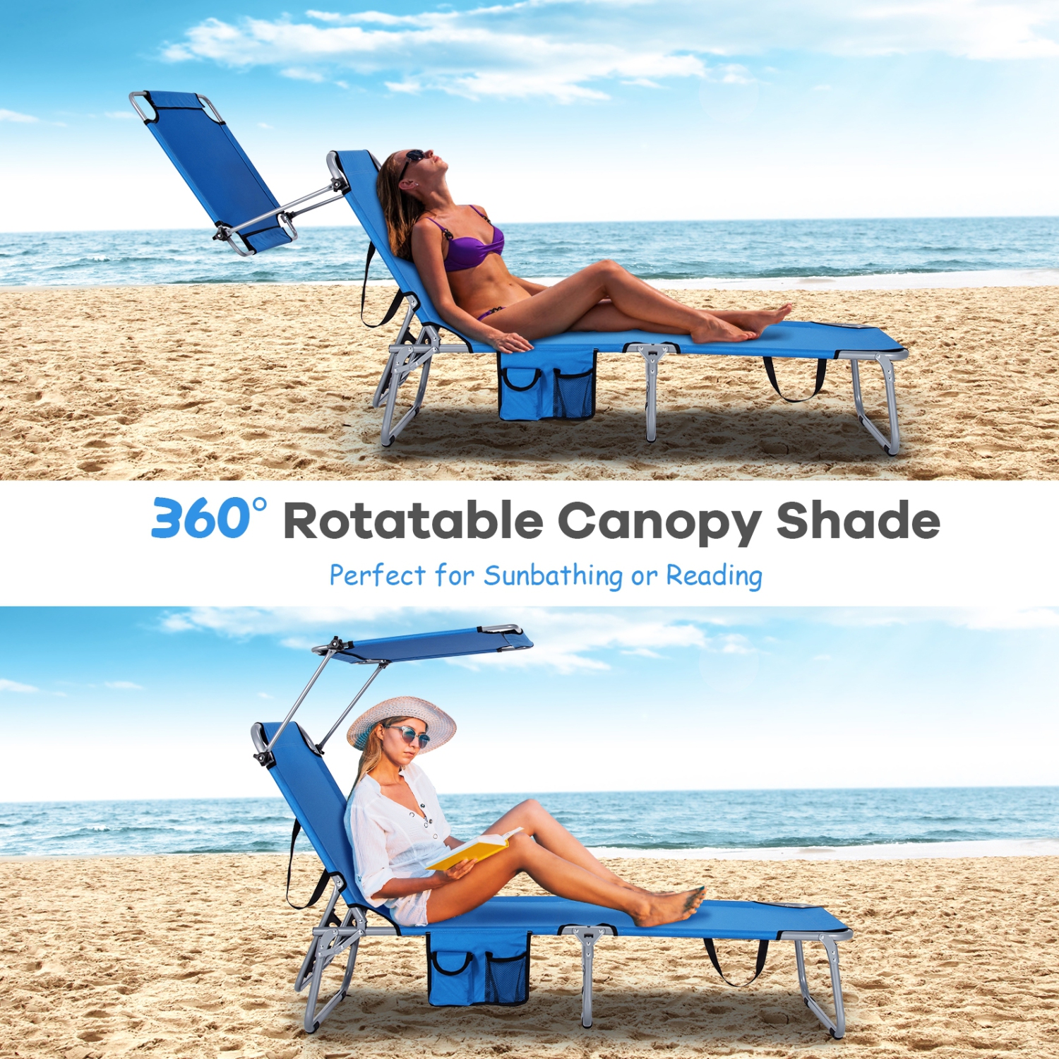 Fauteuil inclinable de plage extérieur réglable avec pare-soleil, bleu marine