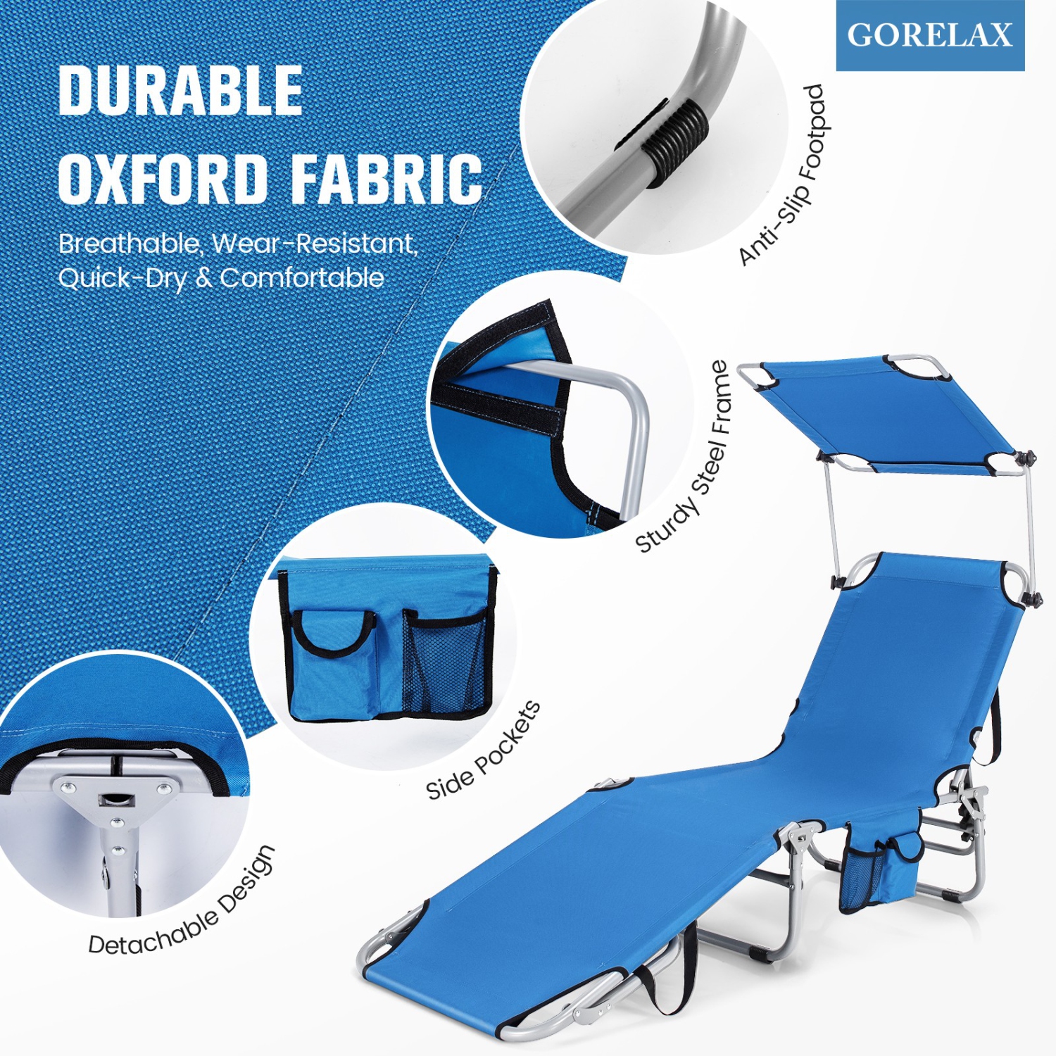 Fauteuil inclinable de plage extérieur réglable avec pare-soleil, bleu marine