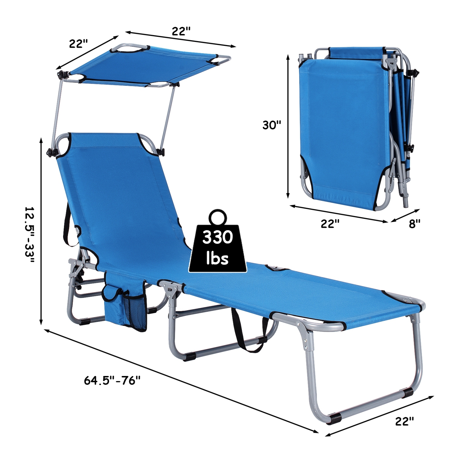 Fauteuil inclinable de plage extérieur réglable avec pare-soleil, bleu marine