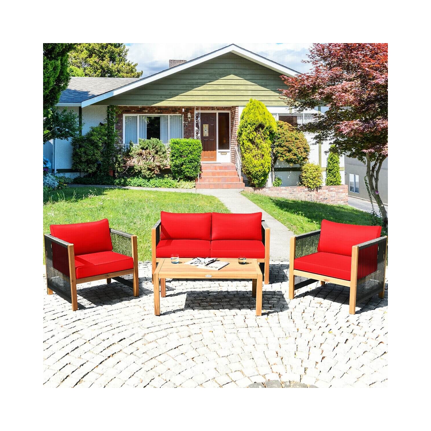 Durable 4-Piece Acacia Wood Patio Furniture Set with Cushions for Outdoor Relaxation