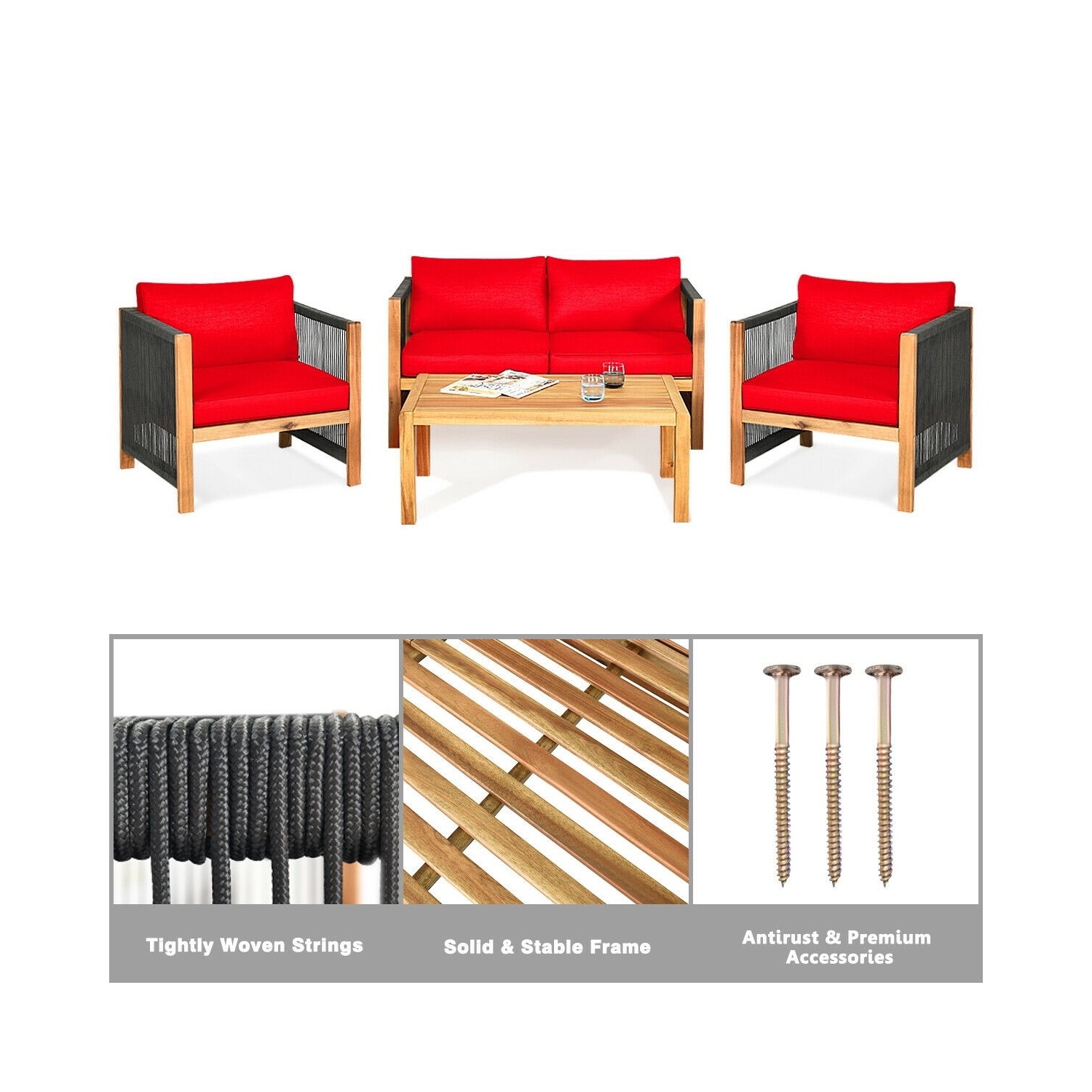 Durable 4-Piece Acacia Wood Patio Furniture Set with Cushions for Outdoor Relaxation