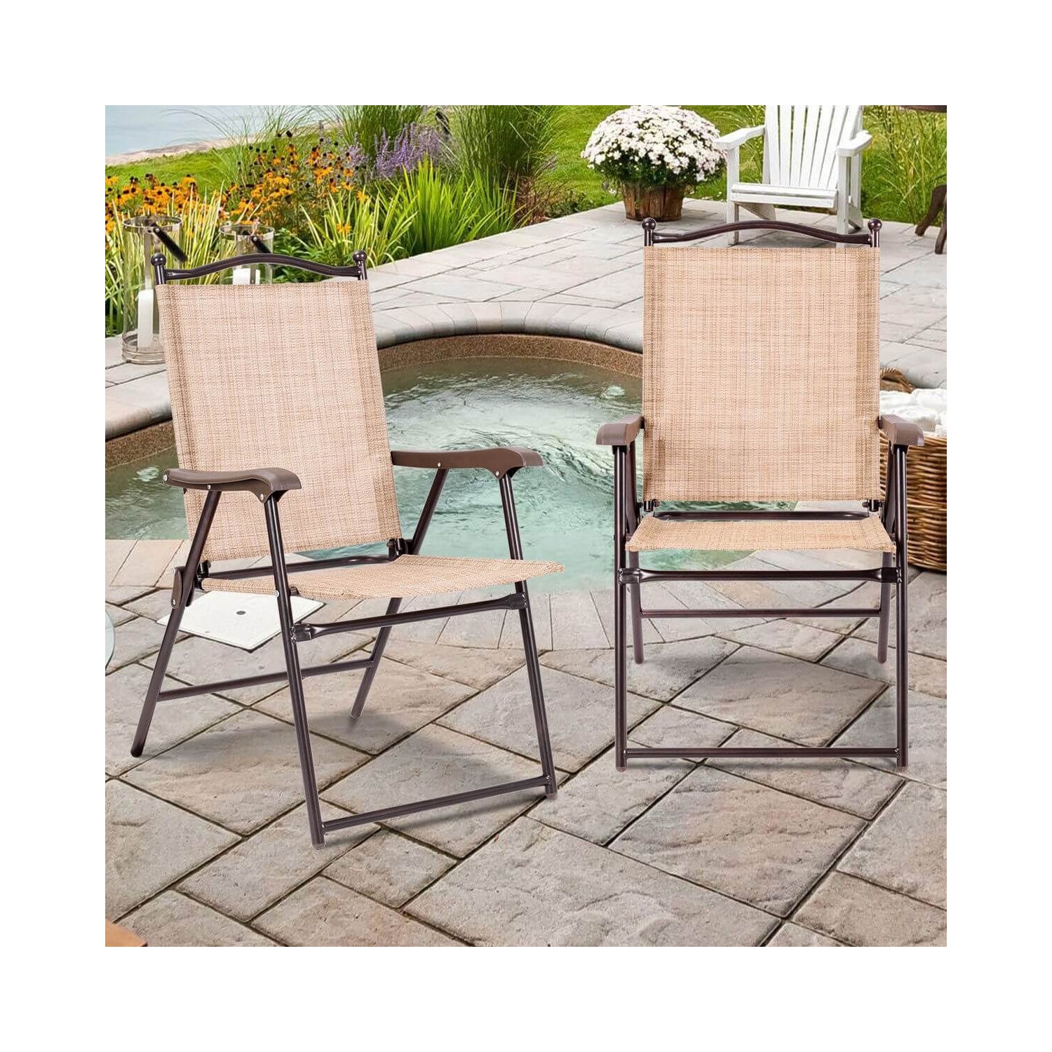 Set of 2 Patio Folding Sling Back Camping Deck Chairs-Beige