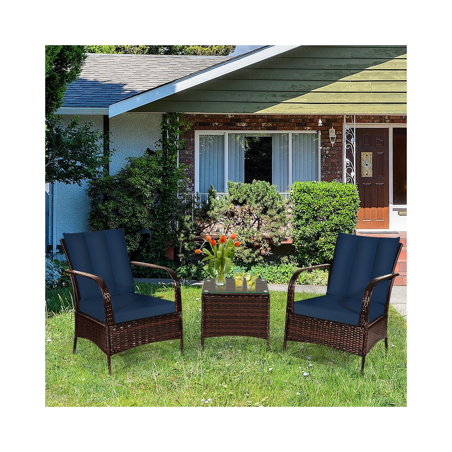 3 Pcs Patio Conversation Rattan Furniture Set with Glass Top Coffee Table and Cushions-Navy