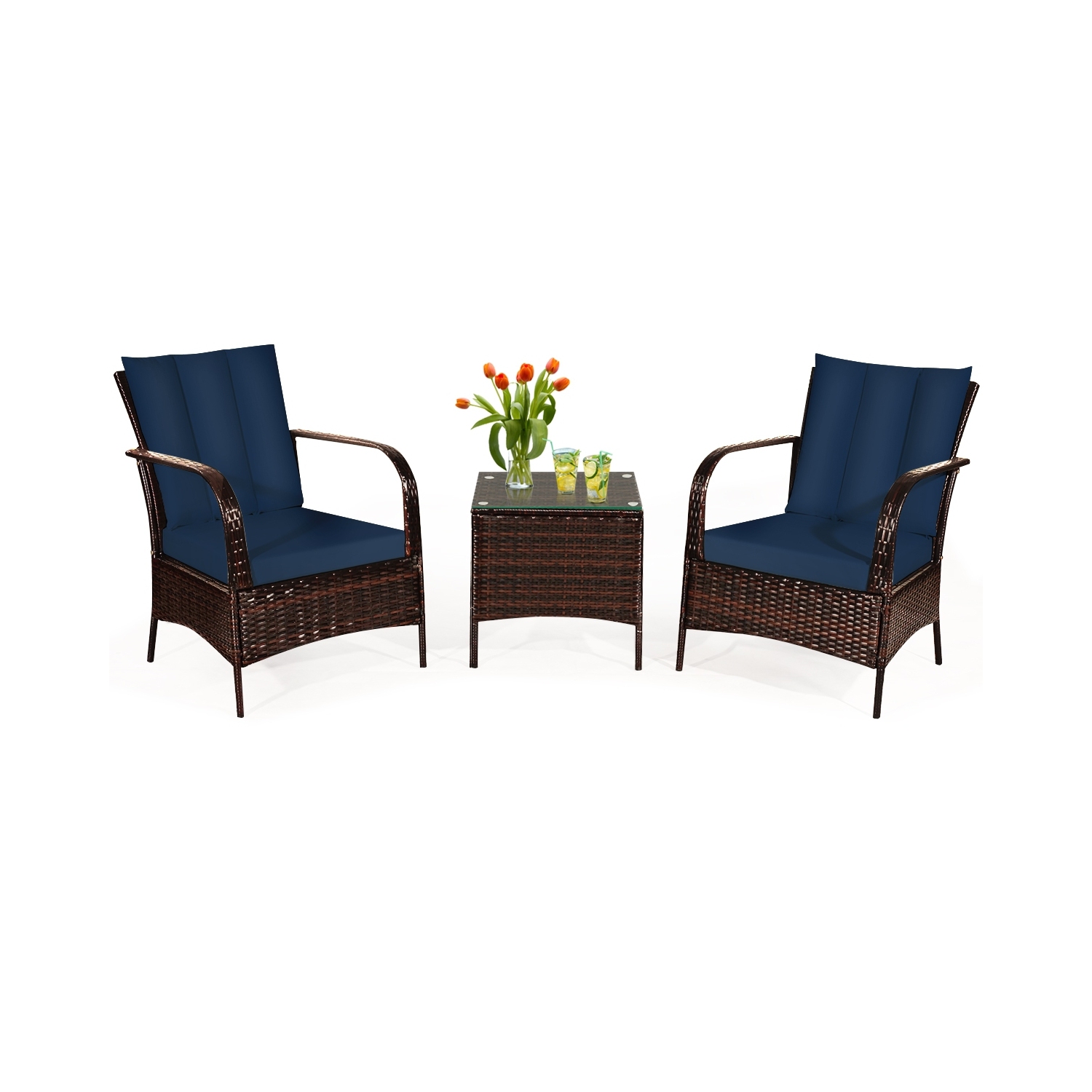 3 Pcs Patio Conversation Rattan Furniture Set with Glass Top Coffee Table and Cushions-Navy