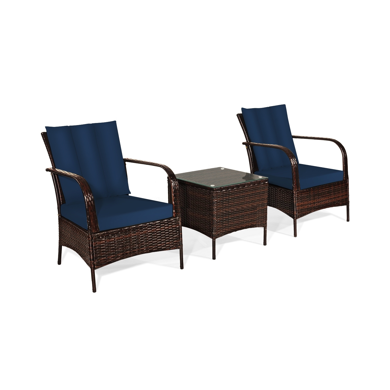 3 Pcs Patio Conversation Rattan Furniture Set with Glass Top Coffee Table and Cushions-Navy