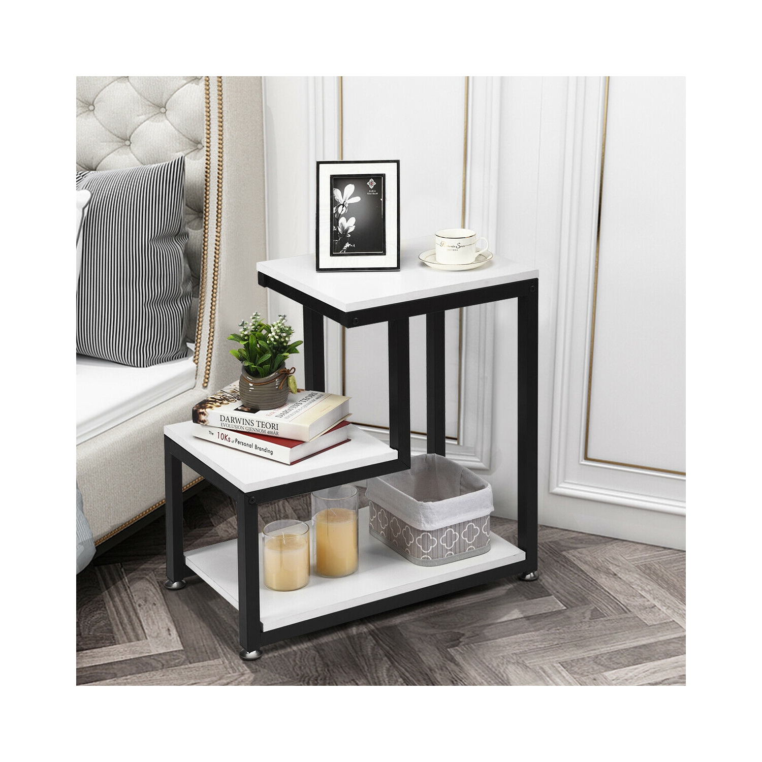 3-Tier Sofa Side Table Night Stand-White