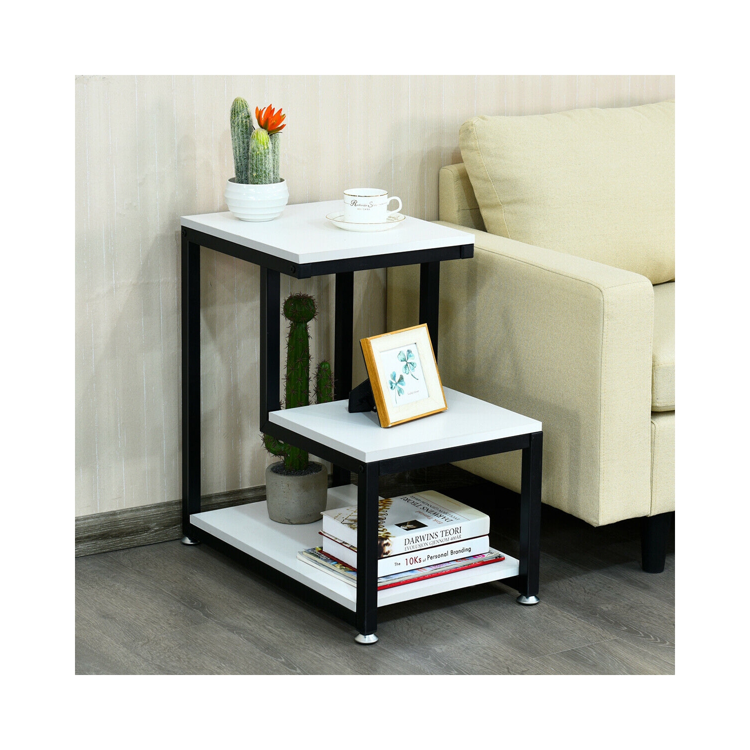 3-Tier Sofa Side Table Night Stand-White