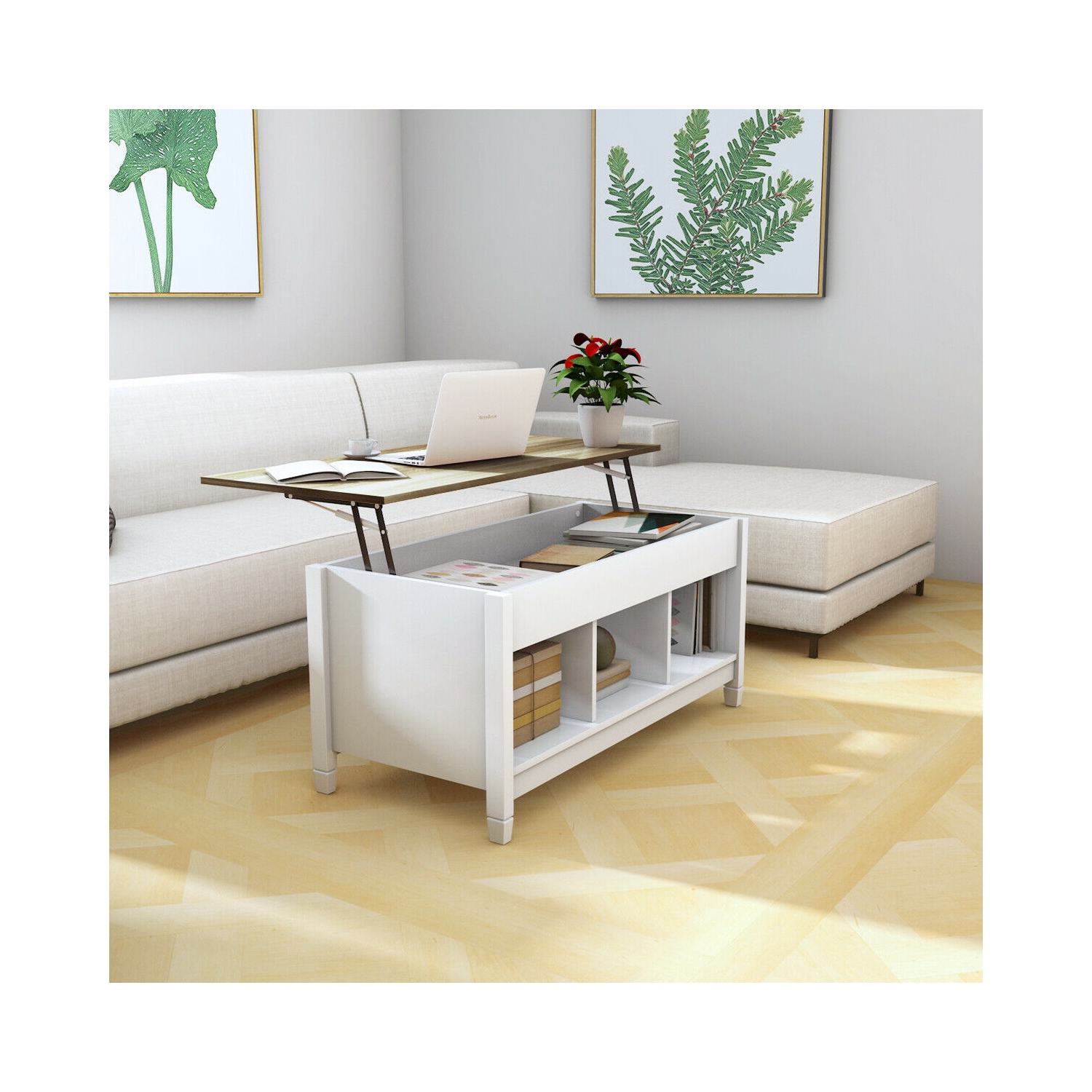 Lift Top Coffee Table w/ Hidden Compartment and Storage Shelves-White