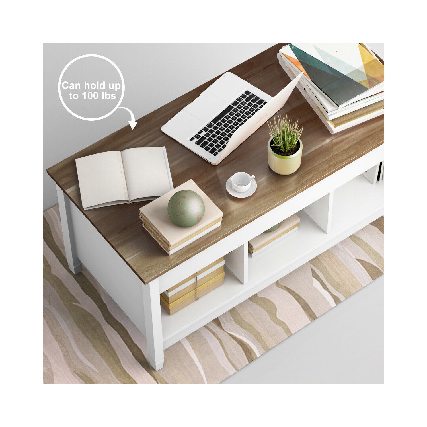 Lift Top Coffee Table w/ Hidden Compartment and Storage Shelves-White