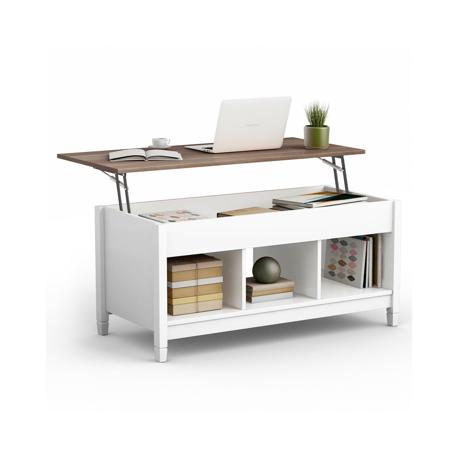 Lift Top Coffee Table w/ Hidden Compartment and Storage Shelves-White