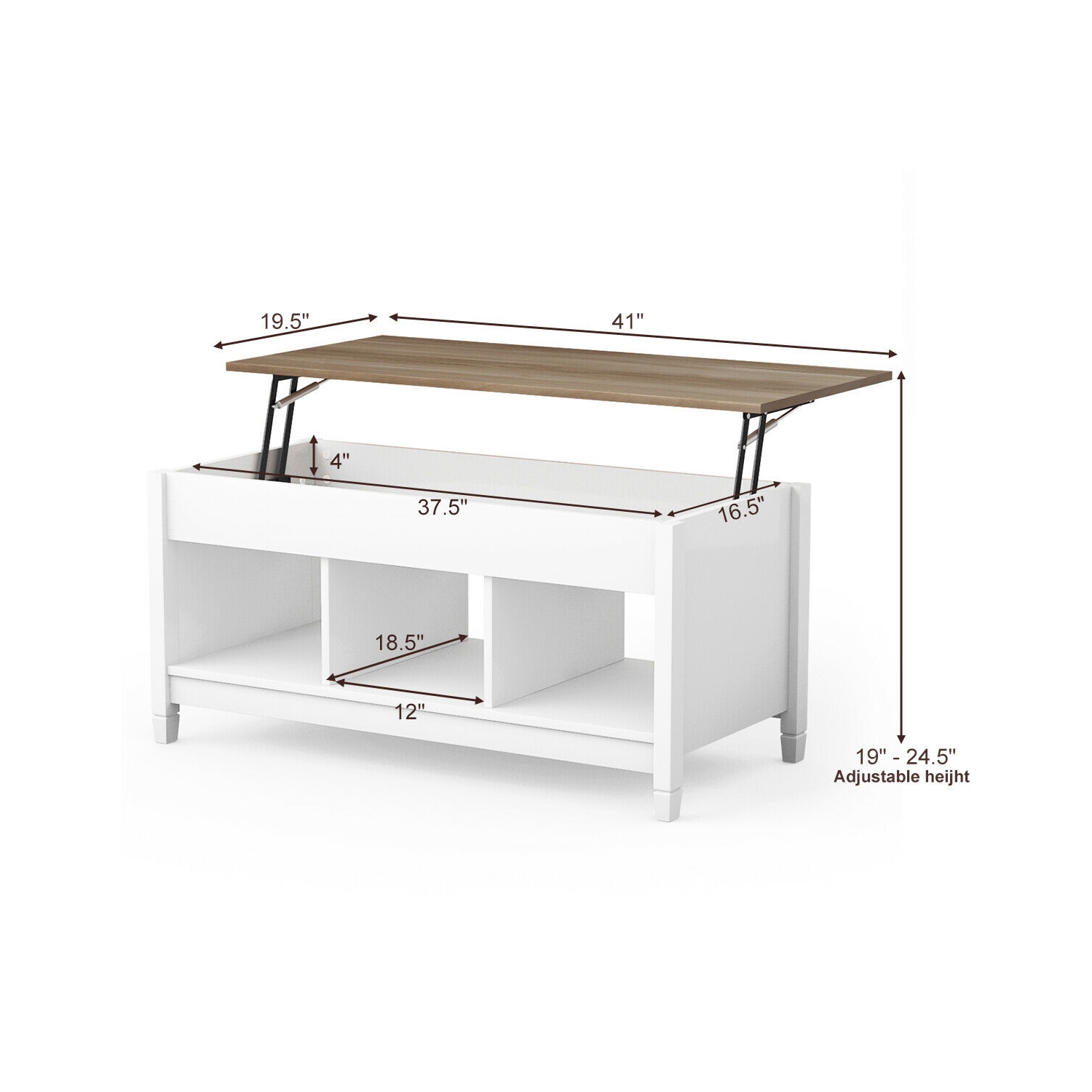 Lift Top Coffee Table w/ Hidden Compartment and Storage Shelves-White