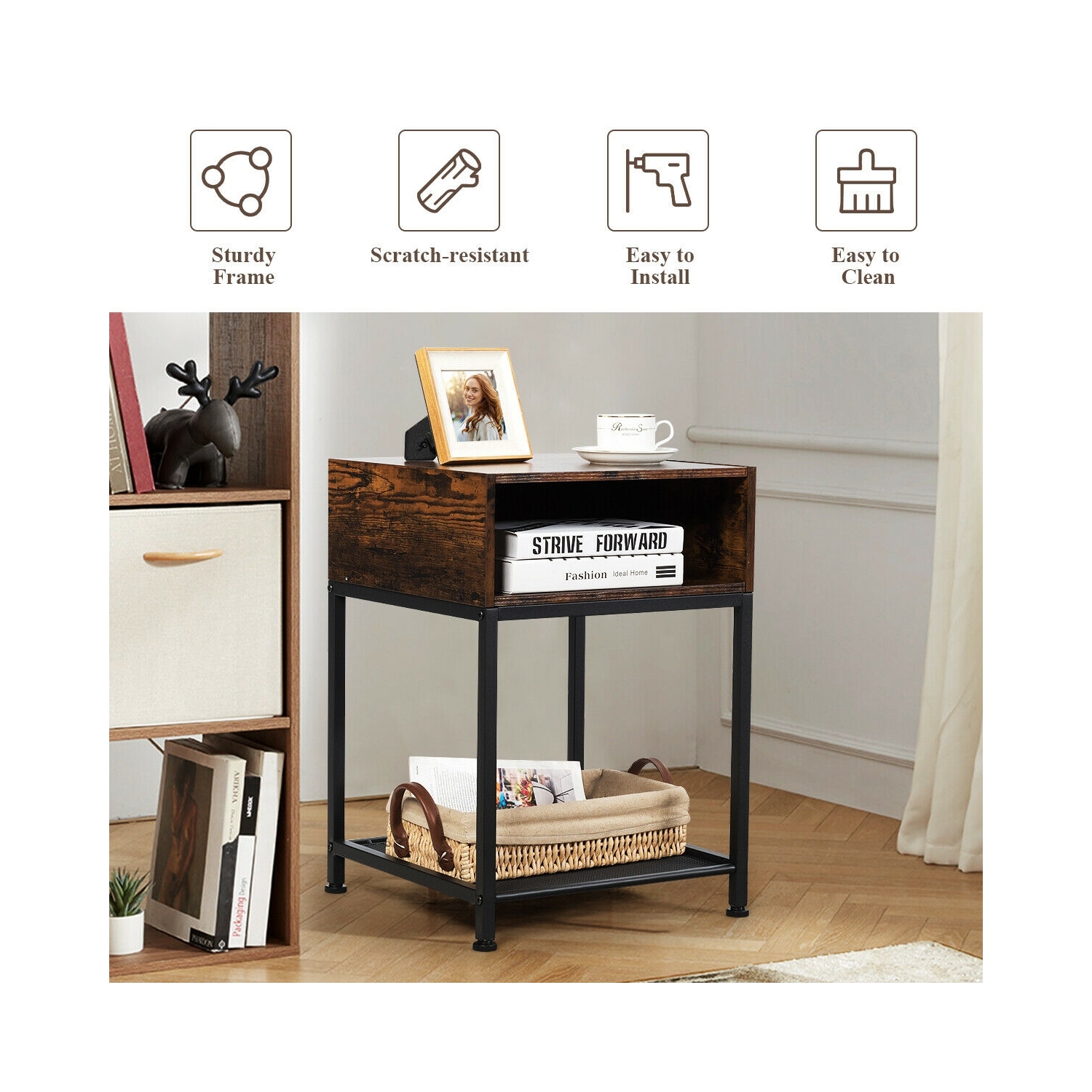 Table de chevet de style industriel avec tablette en filet
