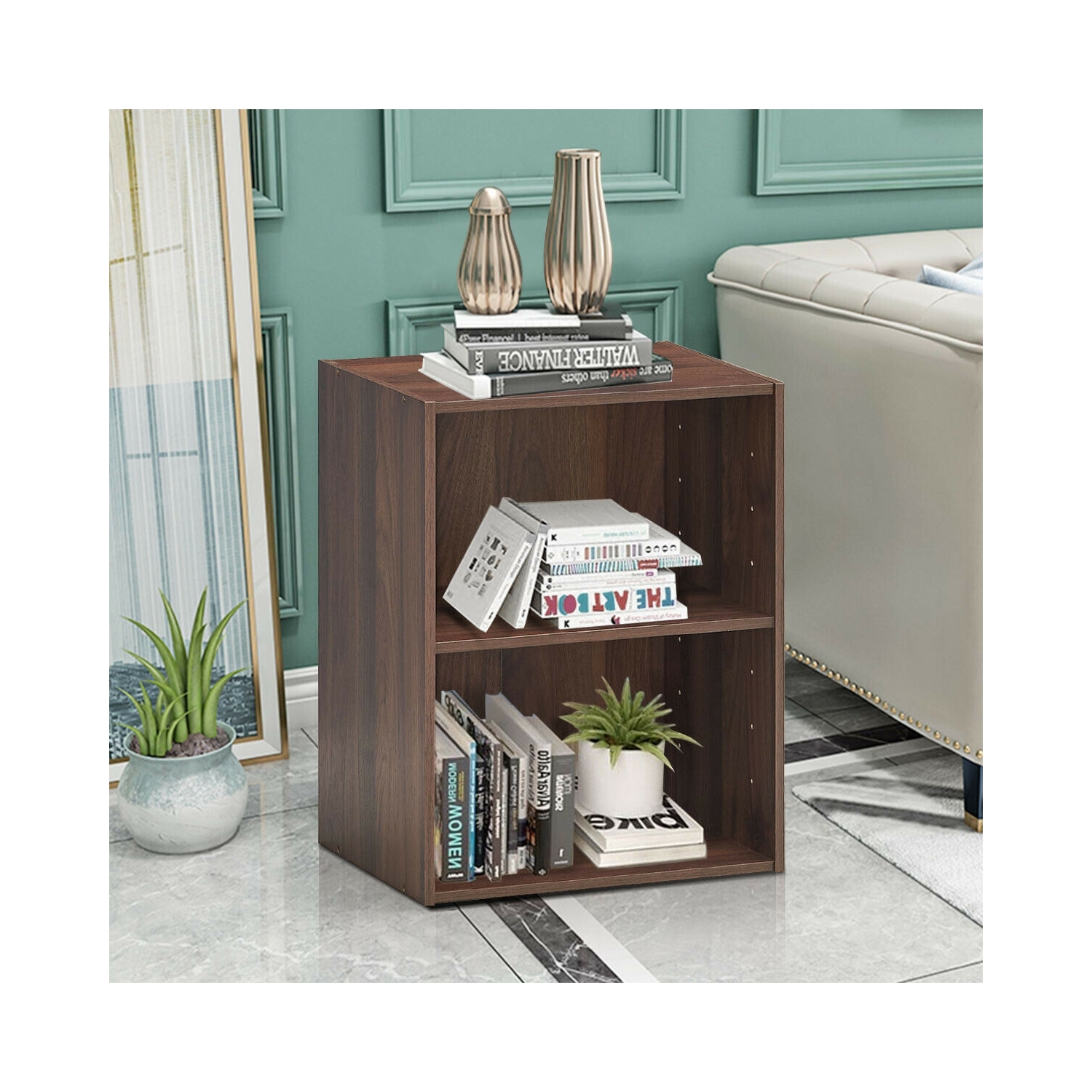 2-Layer Multifunctional Furniture Display Cabinet with Large Capacity Storage Space-Walnut