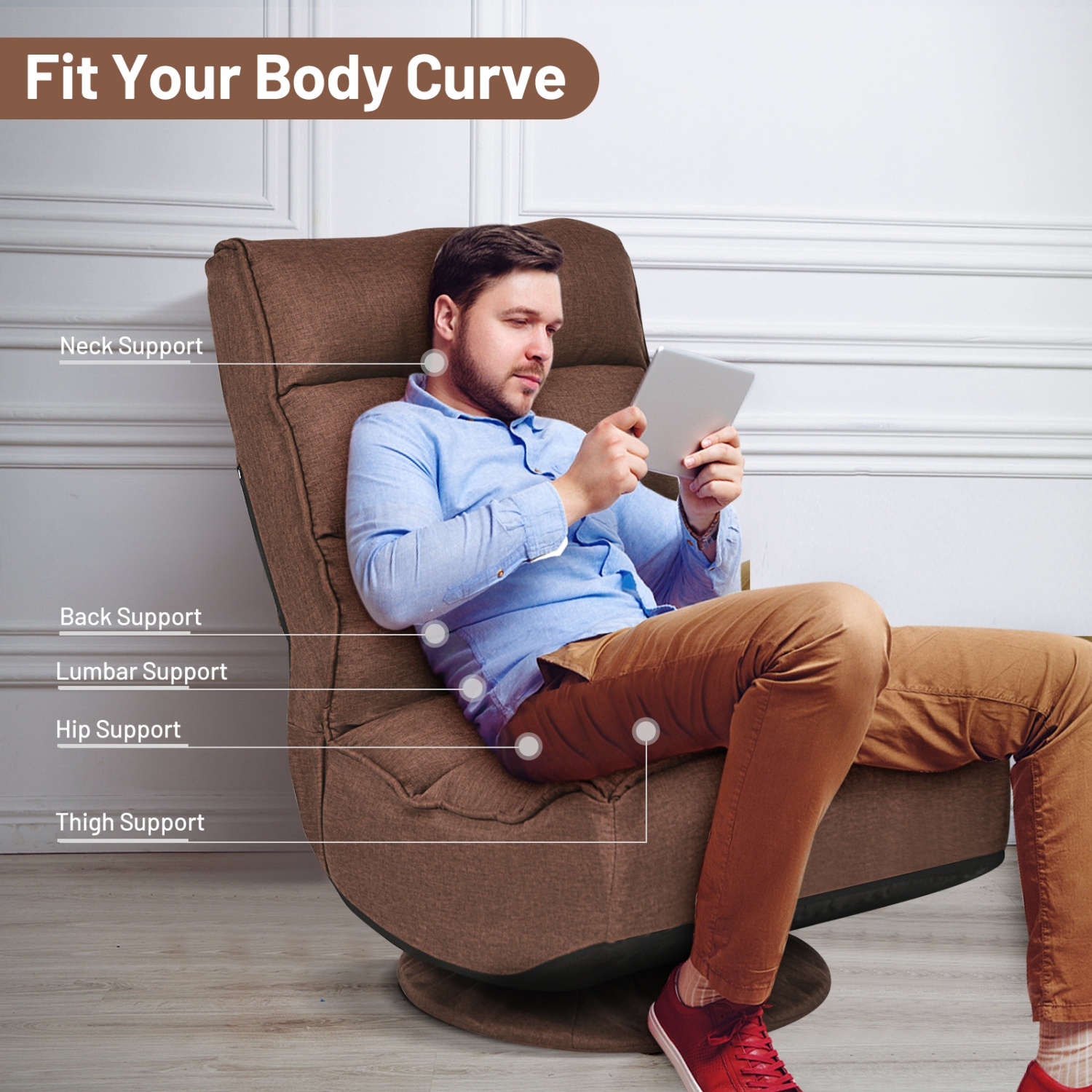 5-Position Folding Floor Gaming Chair-Coffee