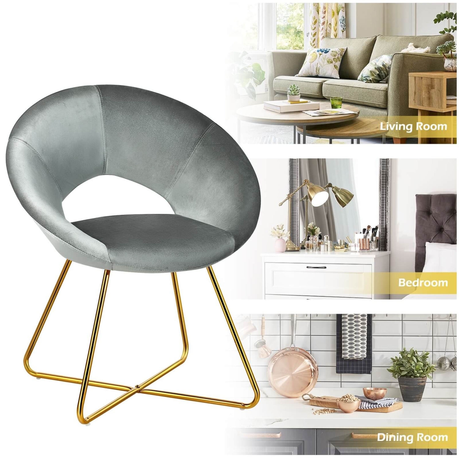 Modern Accent Velvet Dining Arm Chair with Golden Metal Legs and Soft Cushion-Gray