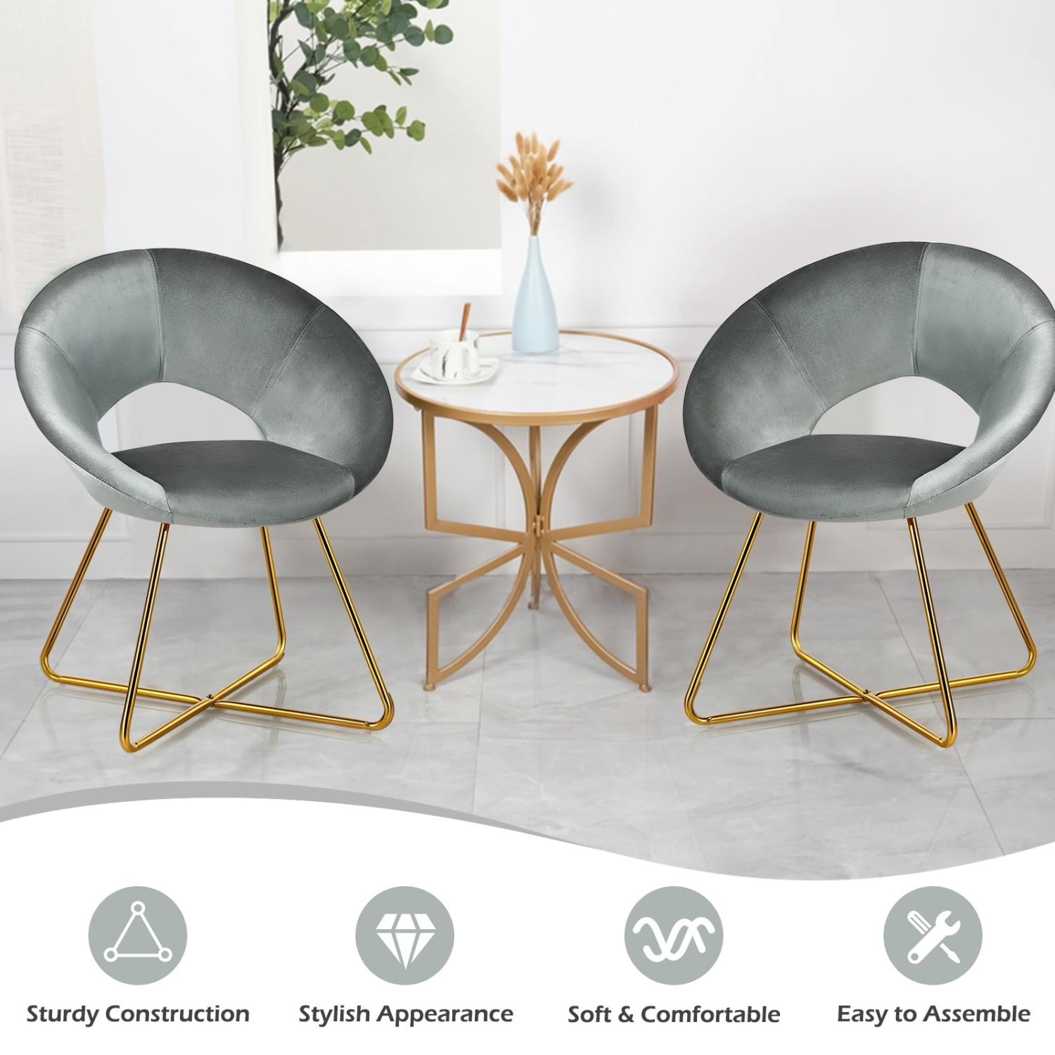 Modern Accent Velvet Dining Arm Chair with Golden Metal Legs and Soft Cushion-Gray