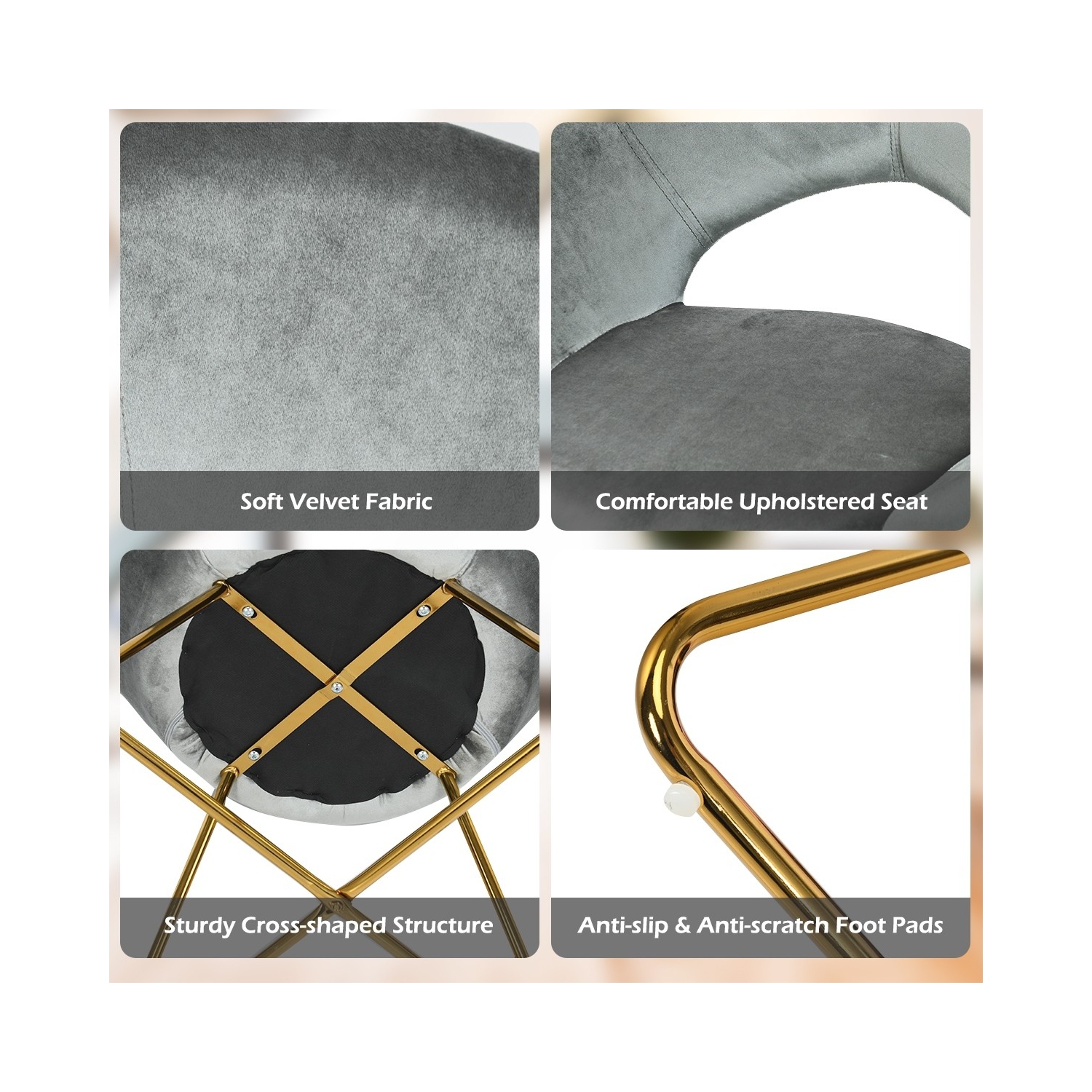 Modern Accent Velvet Dining Arm Chair with Golden Metal Legs and Soft Cushion-Gray