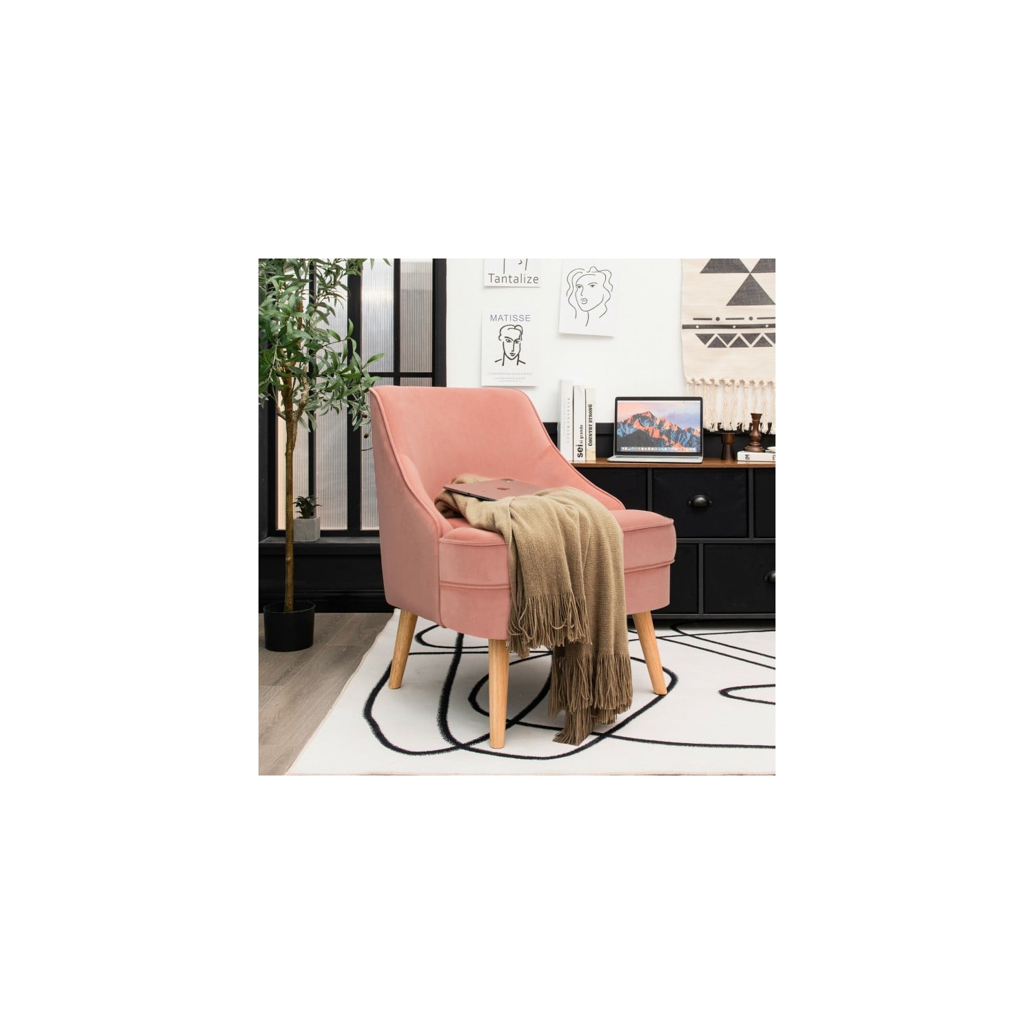 Velvet Accent Chair with Rubber Wood Legs for Bedroom