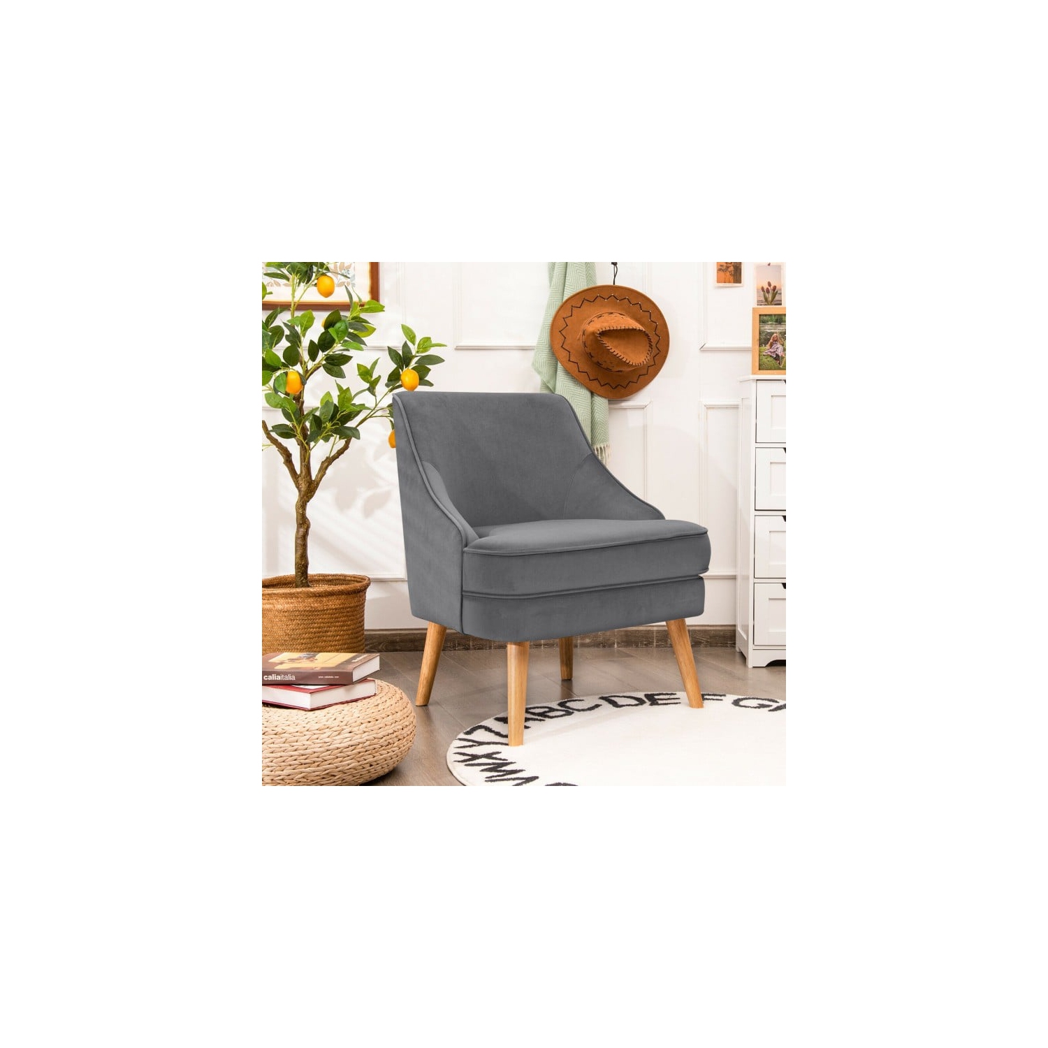 Velvet Accent Chair with Rubber Wood Legs for Bedroom