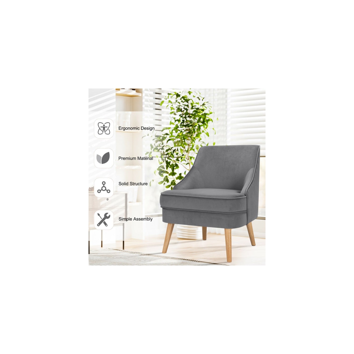 Velvet Accent Chair with Rubber Wood Legs for Bedroom