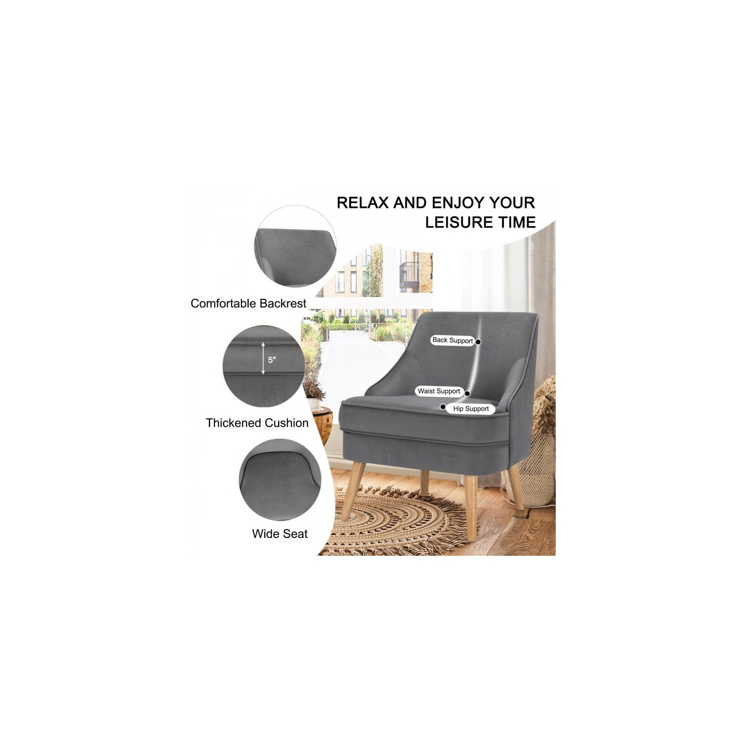 Velvet Accent Chair with Rubber Wood Legs for Bedroom