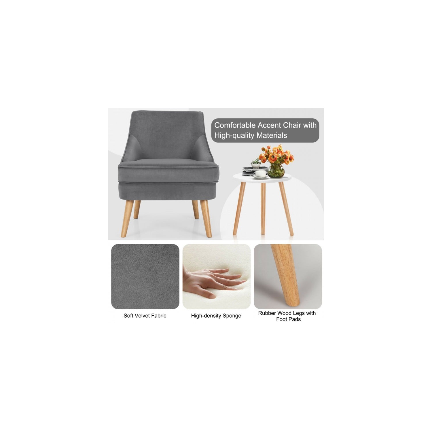 Velvet Accent Chair with Rubber Wood Legs for Bedroom