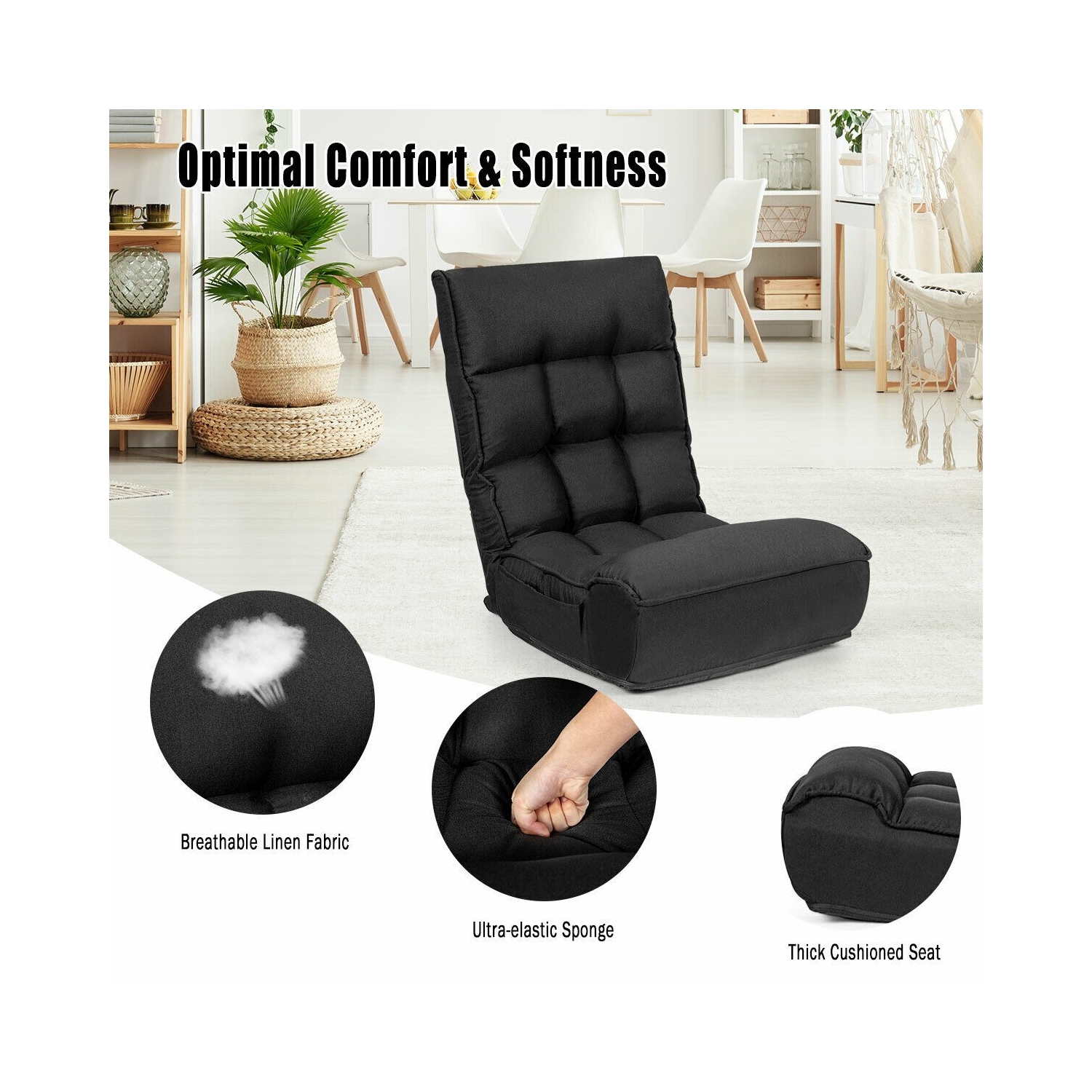 4-Position Adjustable Floor Chair Folding Lazy Sofa-Black