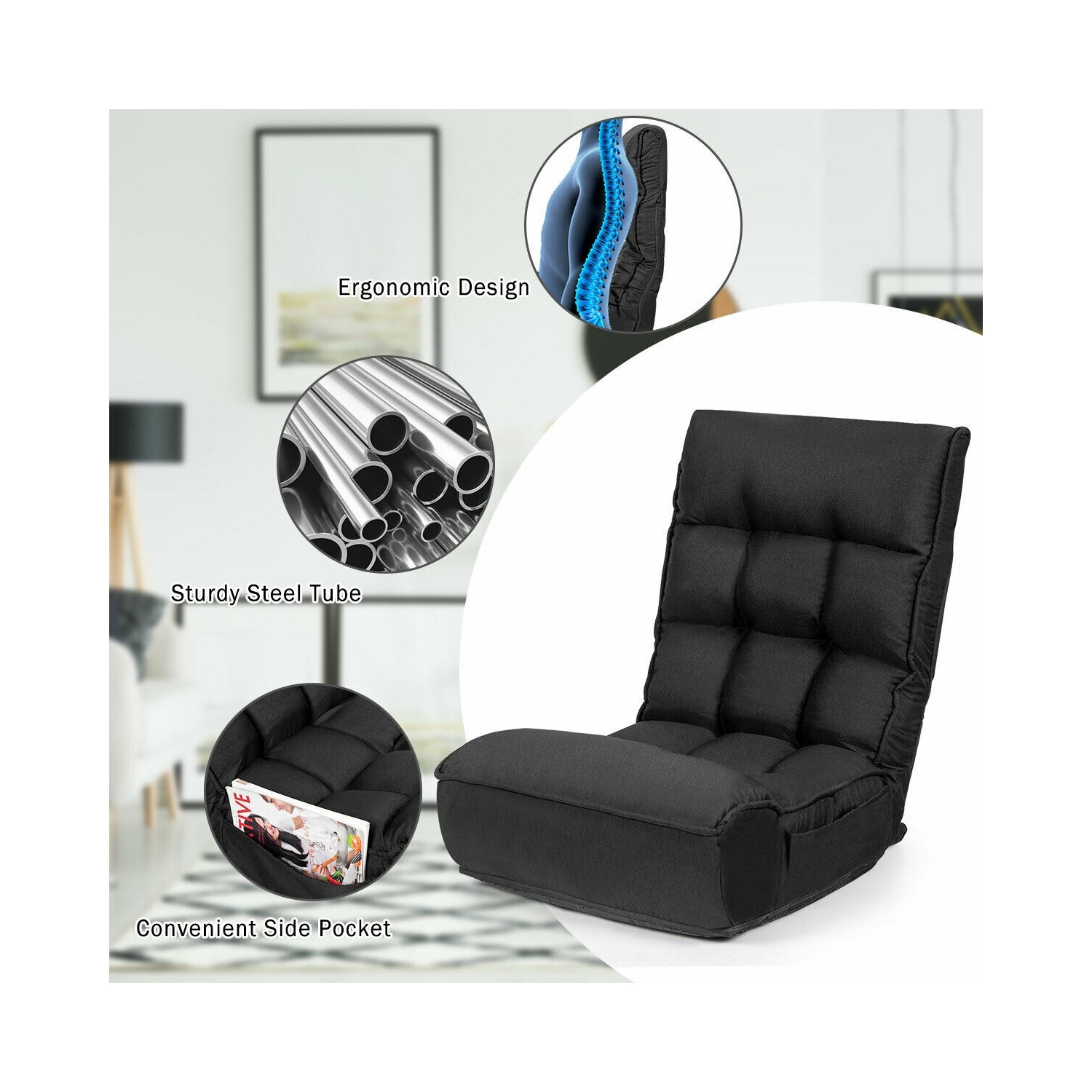 4-Position Adjustable Floor Chair Folding Lazy Sofa-Black