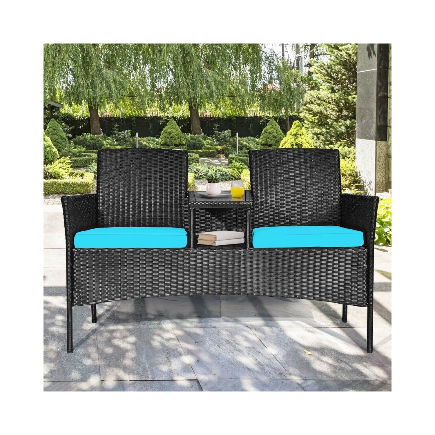 Ensemble de patio en rotin, canapé-lit, turquoise