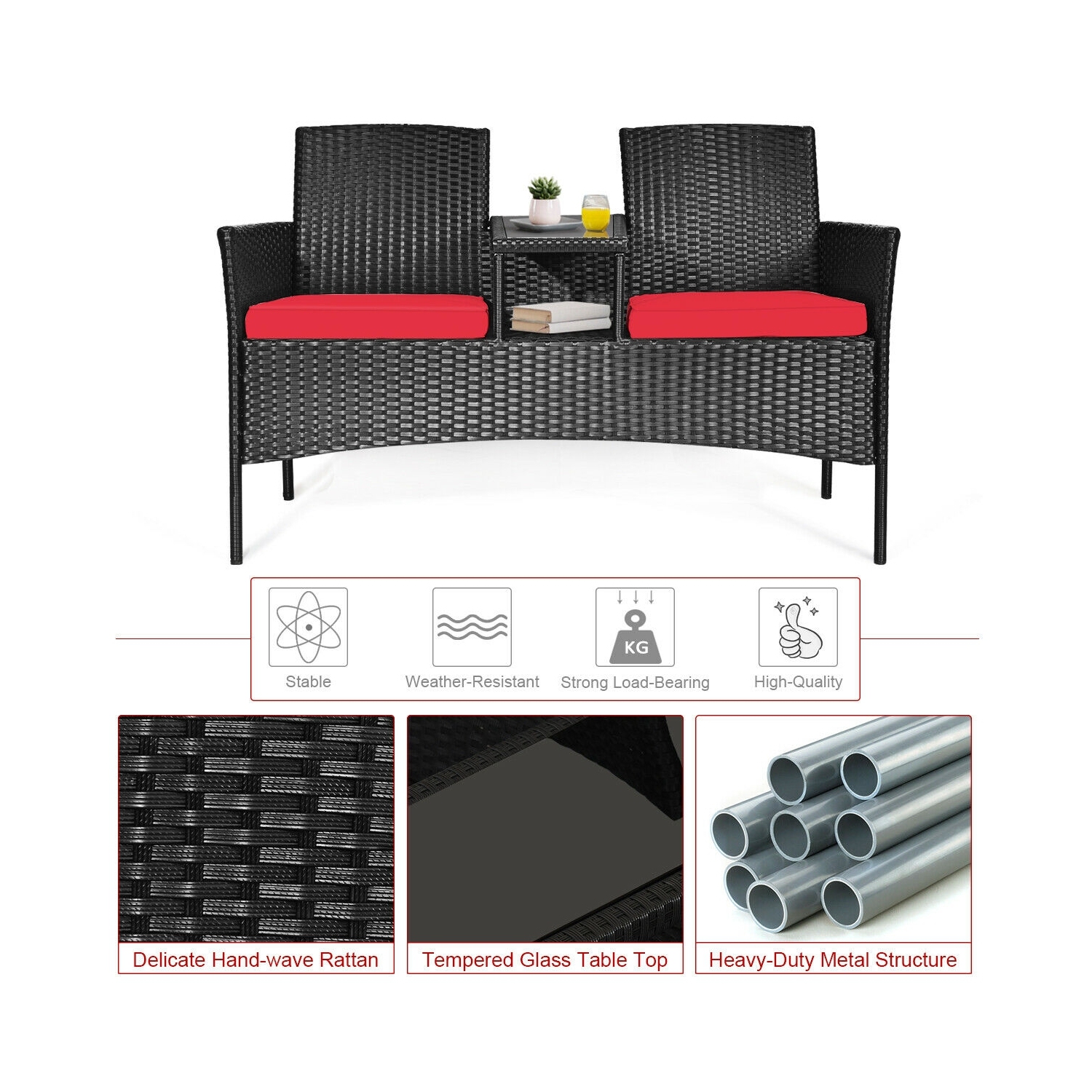 Ensemble de patio en rotin, canapé-lit, rouge