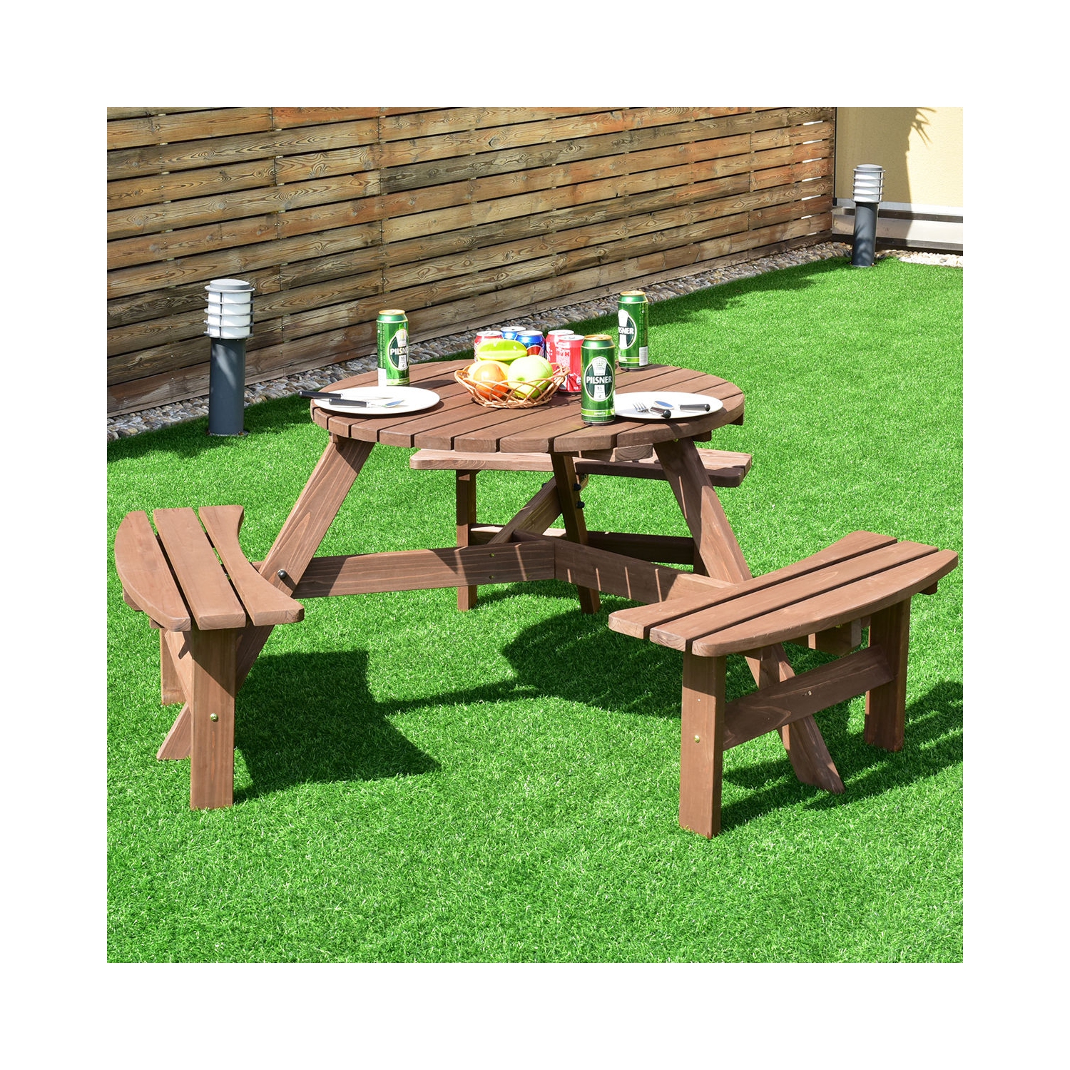 6-Person Patio Wood Picnic Table Beer Bench Set