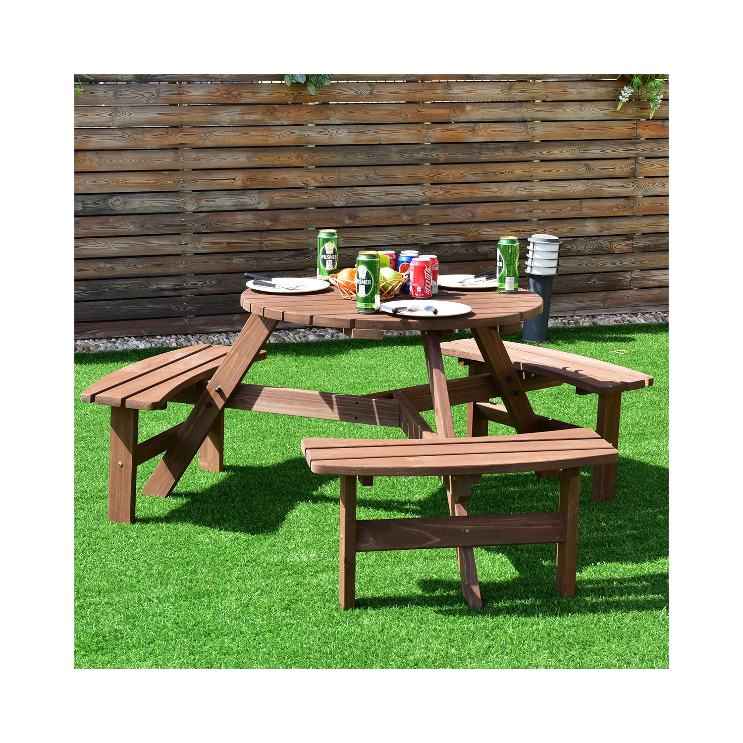 6-Person Patio Wood Picnic Table Beer Bench Set