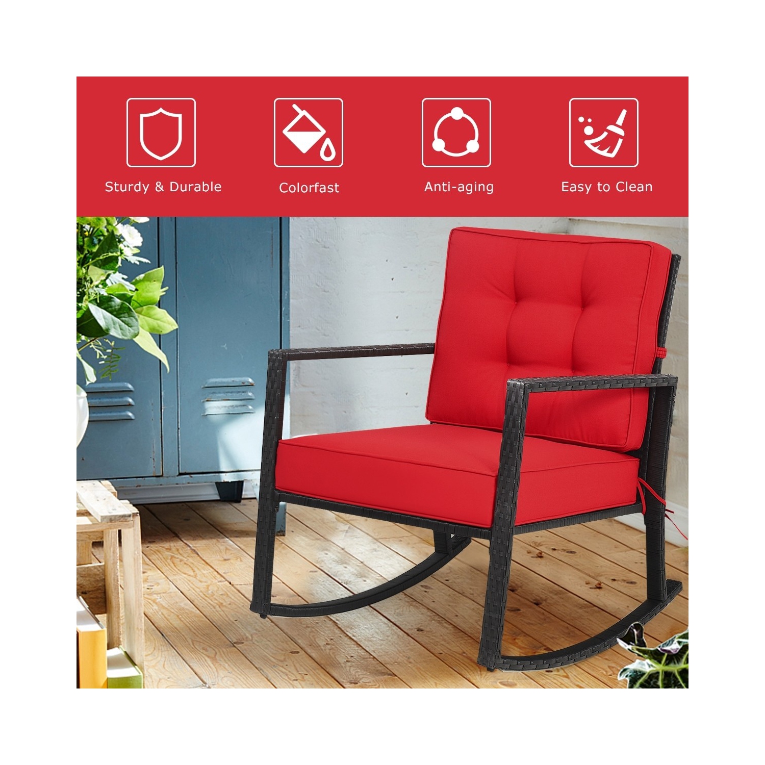 Coussin de chaise berçante de patio en rotin pour chaise berçante extérieure – Rouge