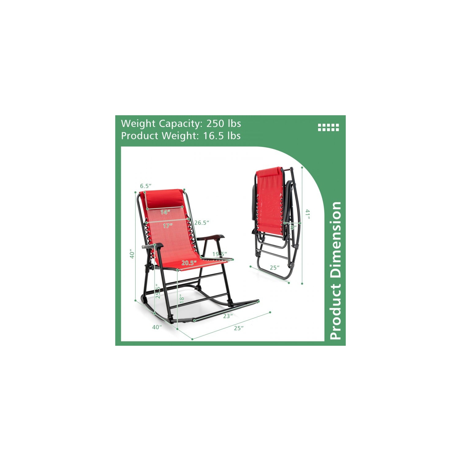 Chaise berçante pliante Zero Gravity pour patio extérieur avec appuie-tête