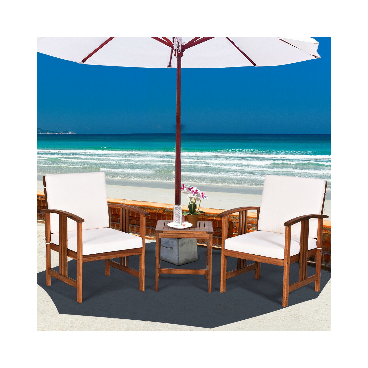 3 Pcs Solid Wood Outdoor Patio Sofa Furniture Set-White