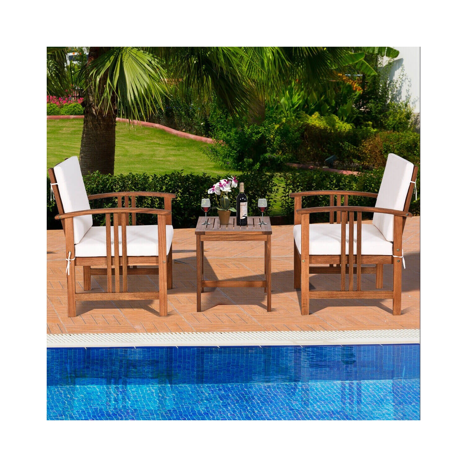 3 Pcs Solid Wood Outdoor Patio Sofa Furniture Set-White