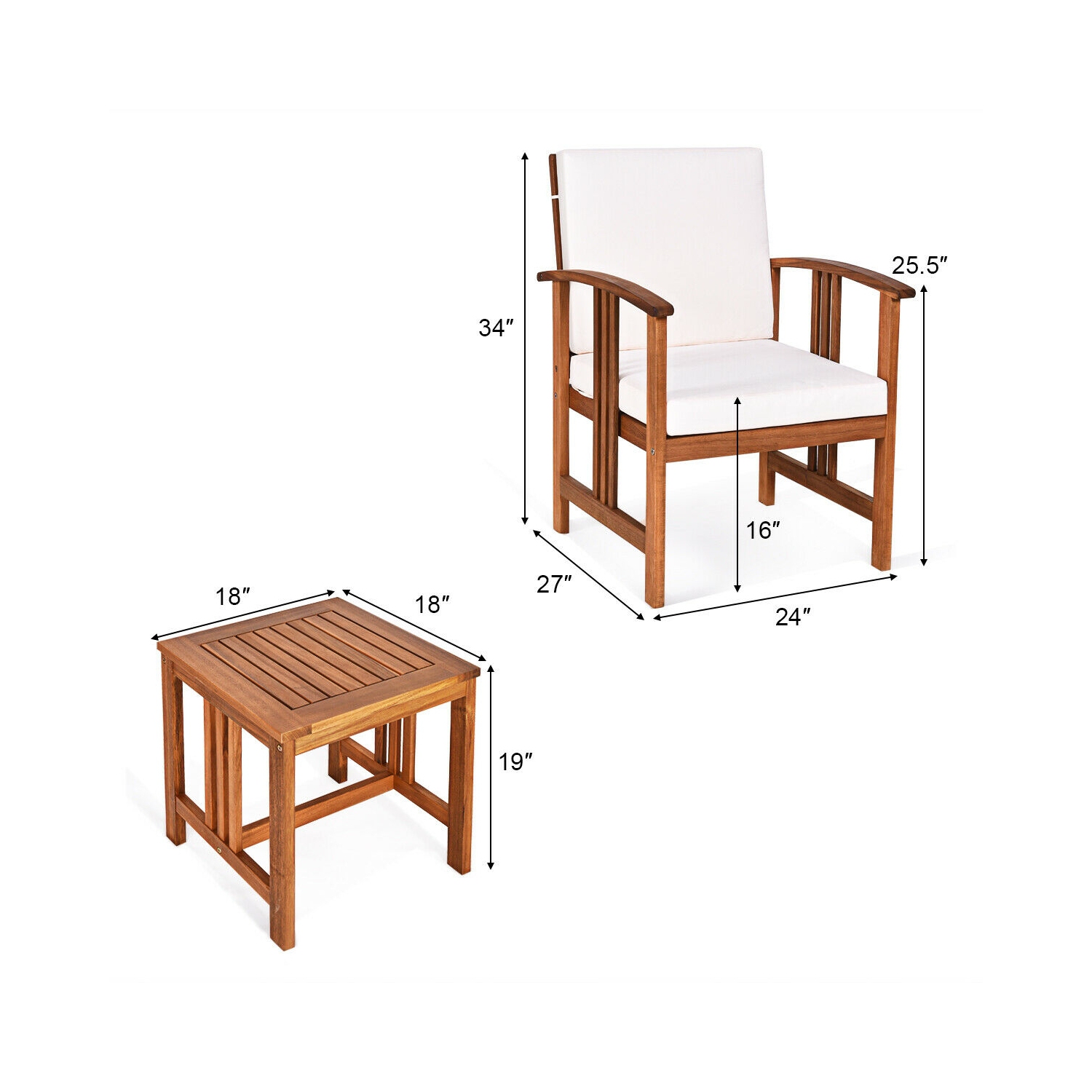 3 Pcs Solid Wood Outdoor Patio Sofa Furniture Set-White
