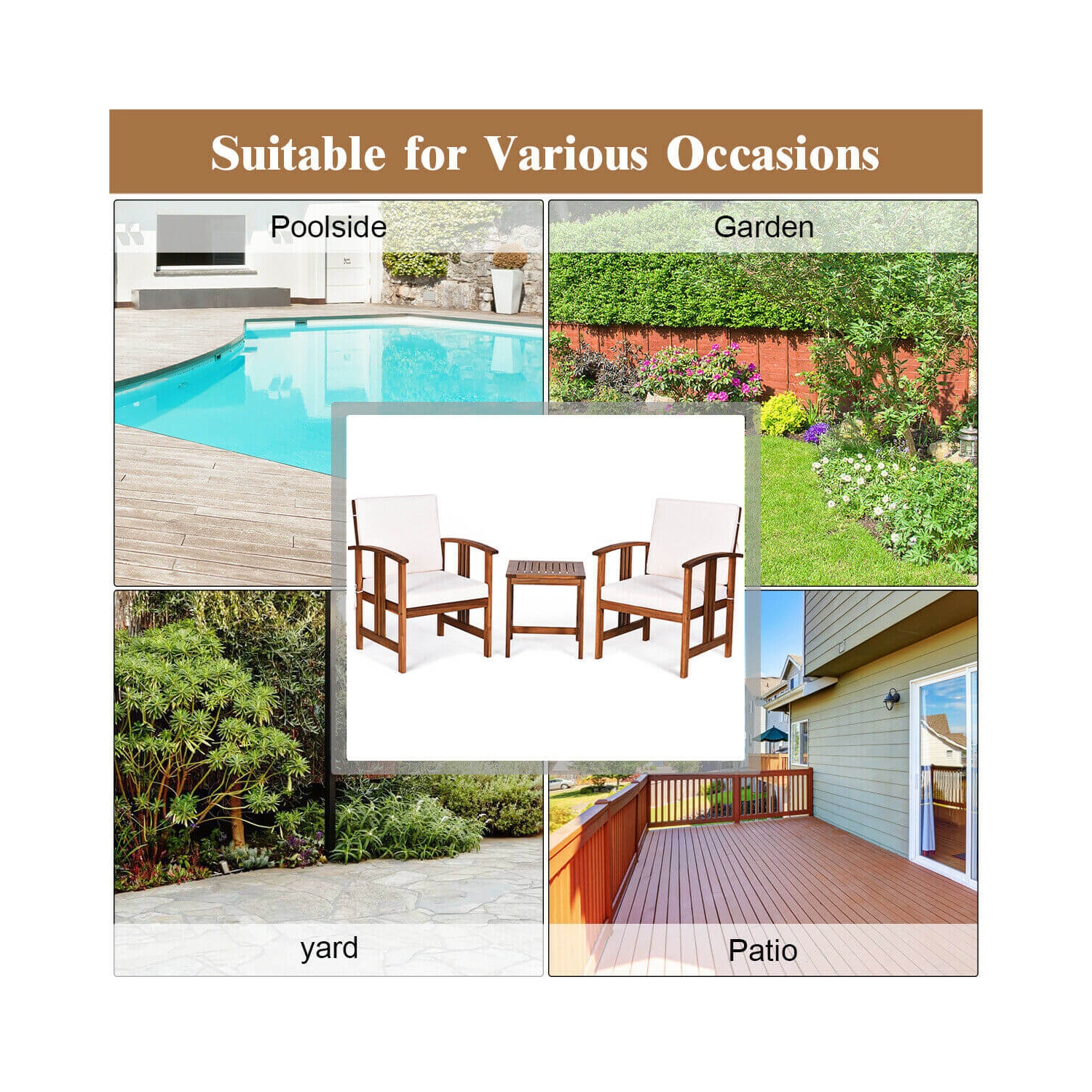 3 Pcs Solid Wood Outdoor Patio Sofa Furniture Set-White