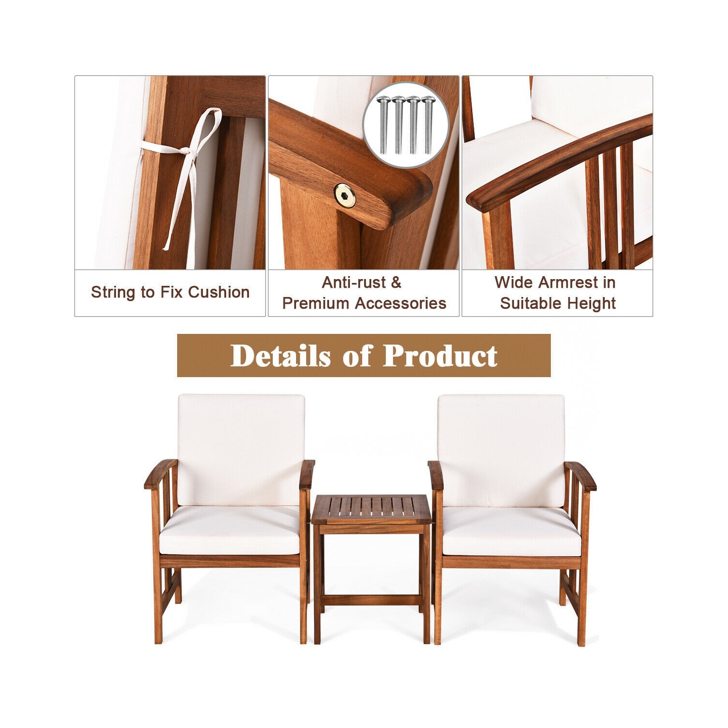 3 Pcs Solid Wood Outdoor Patio Sofa Furniture Set-White