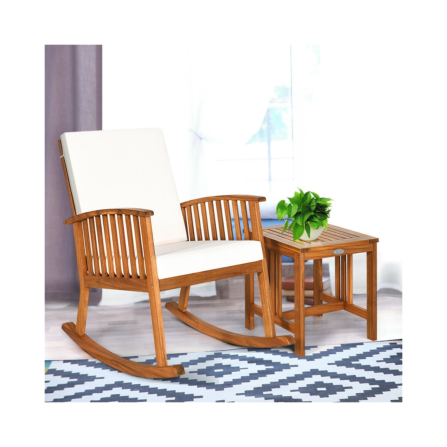 Ensemble de 2 chaises berçants en bois d’acacia pour patio