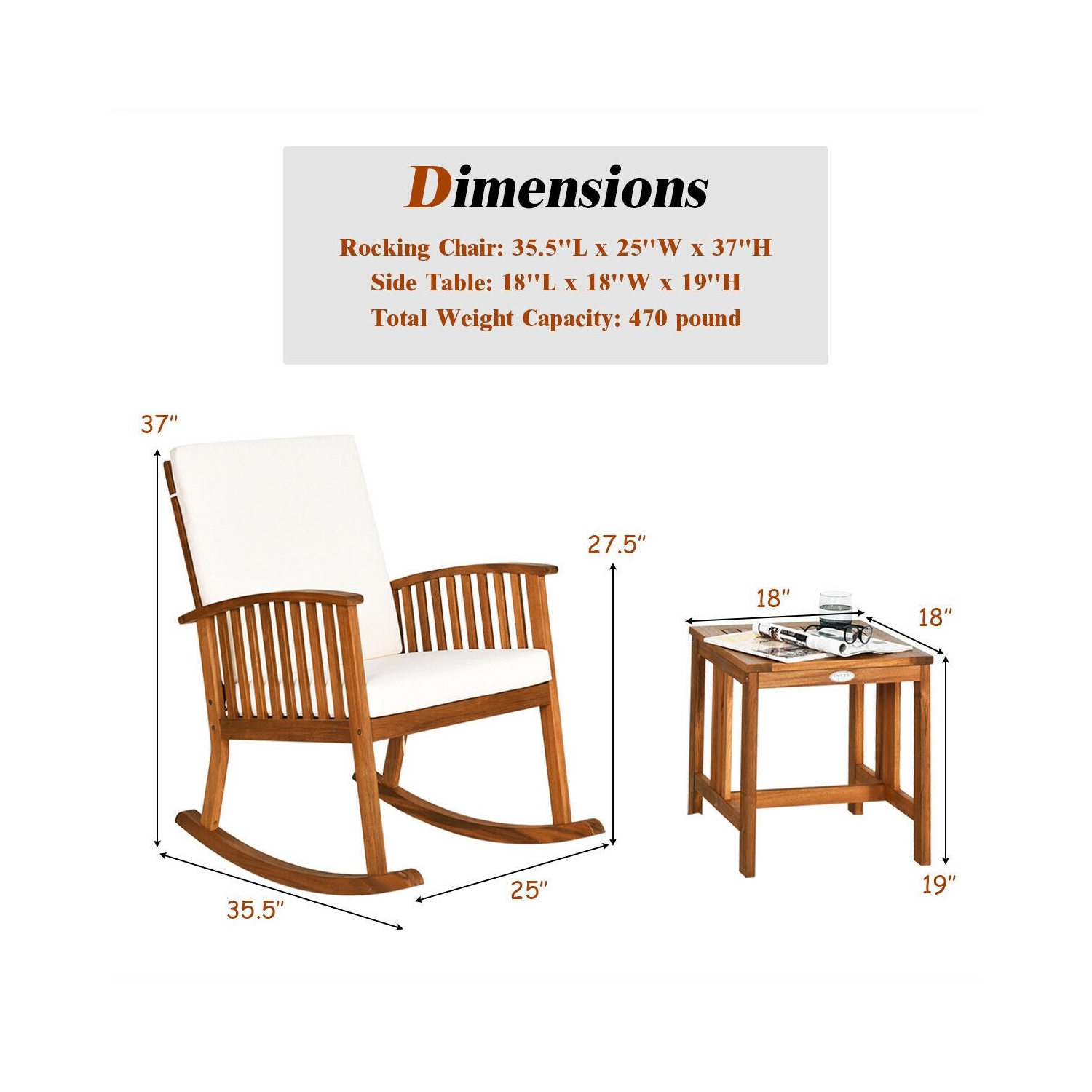 Ensemble de 2 chaises berçants en bois d’acacia pour patio